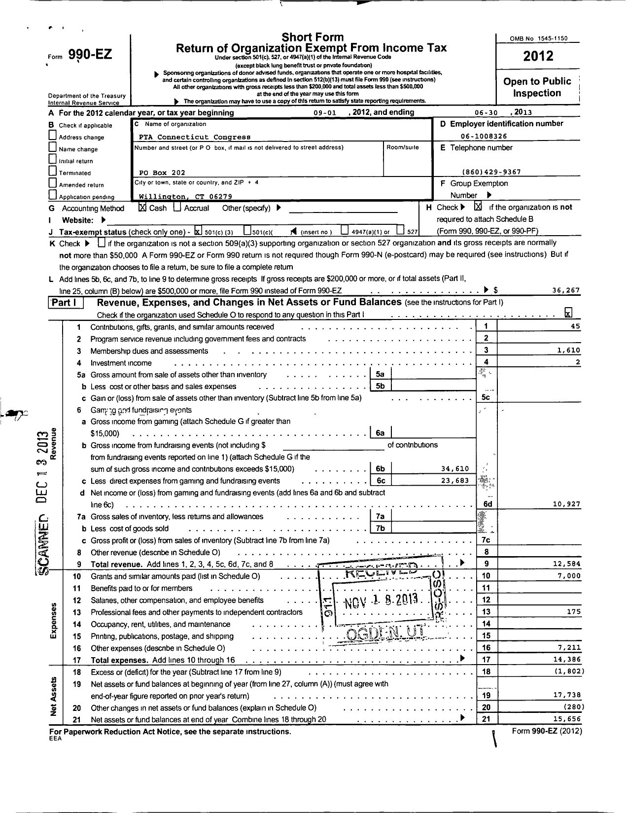 Image of first page of 2012 Form 990EZ for CT PTA - Willington PTA