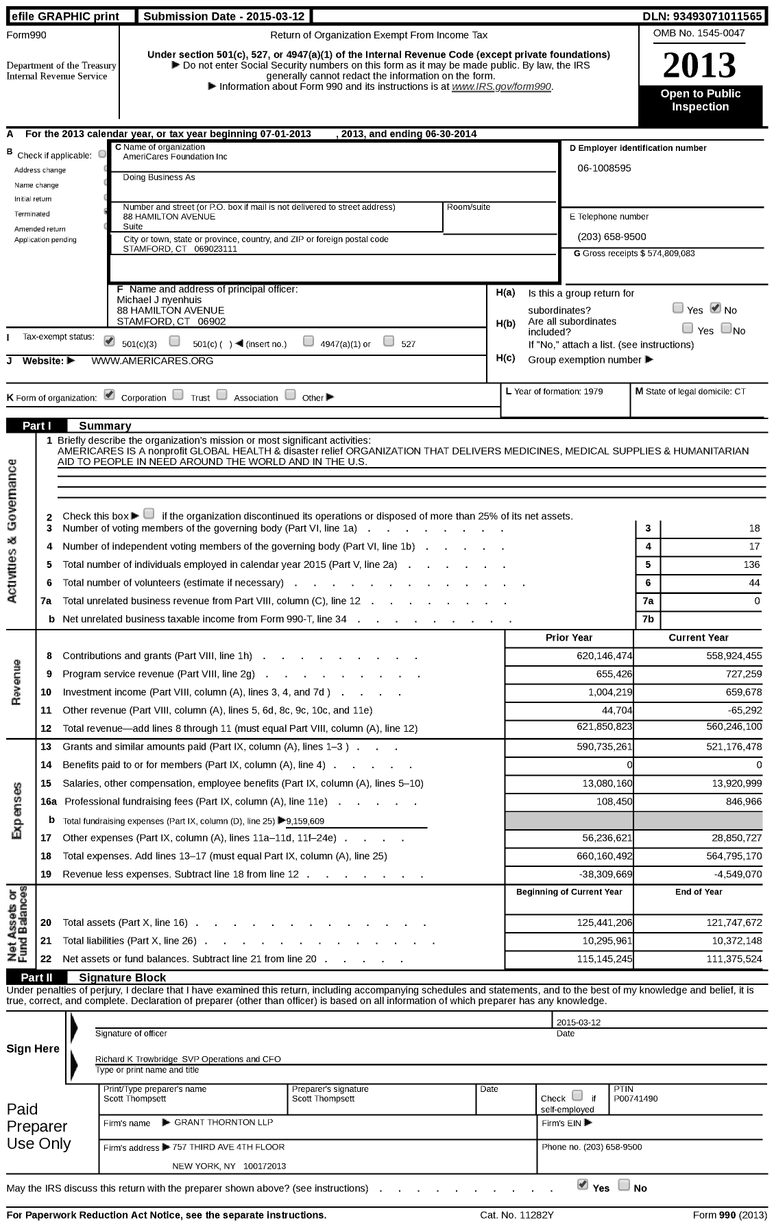 Image of first page of 2013 Form 990 for AmeriCares Foundation