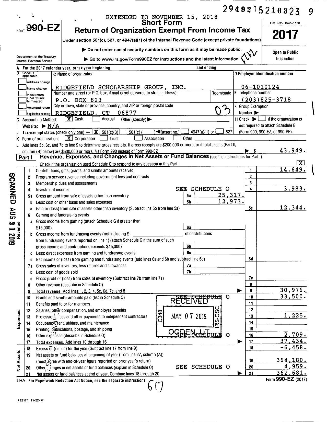 Image of first page of 2017 Form 990EZ for Ridgefield Scholarship Group