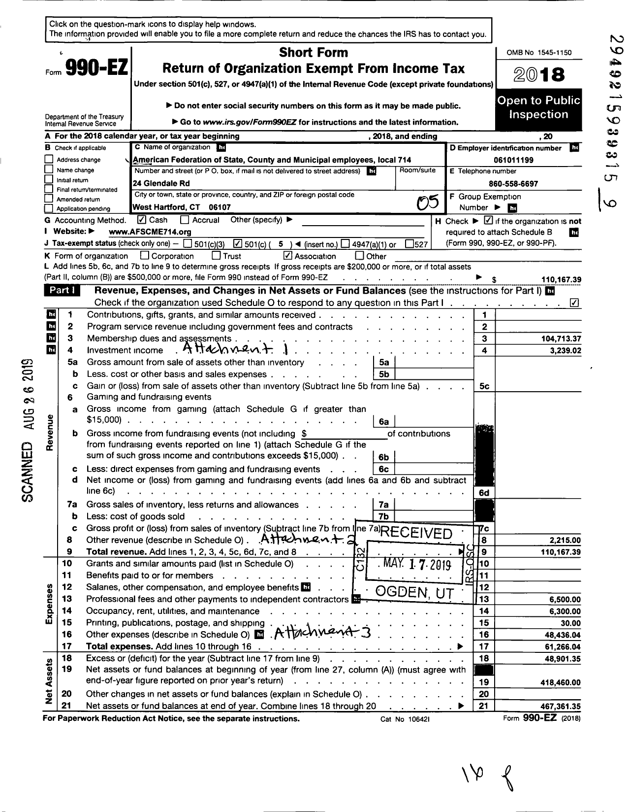 Image of first page of 2018 Form 990EO for American Federation of State County & Municipal Employees - L0714CT CT Soc & Human SVCS Prof Em