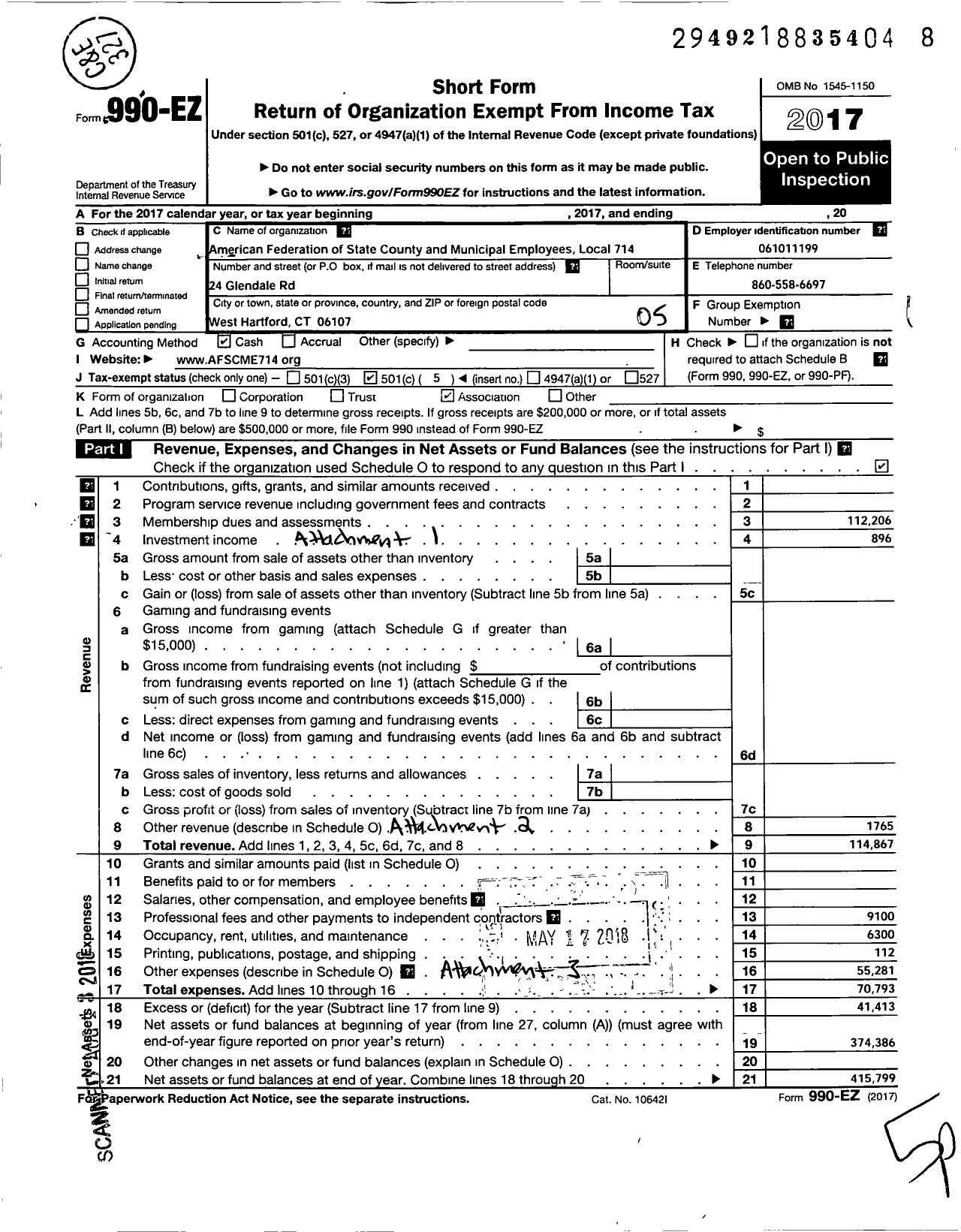 Image of first page of 2017 Form 990EO for American Federation of State County & Municipal Employees - L0714CT CT Soc & Human SVCS Prof Em