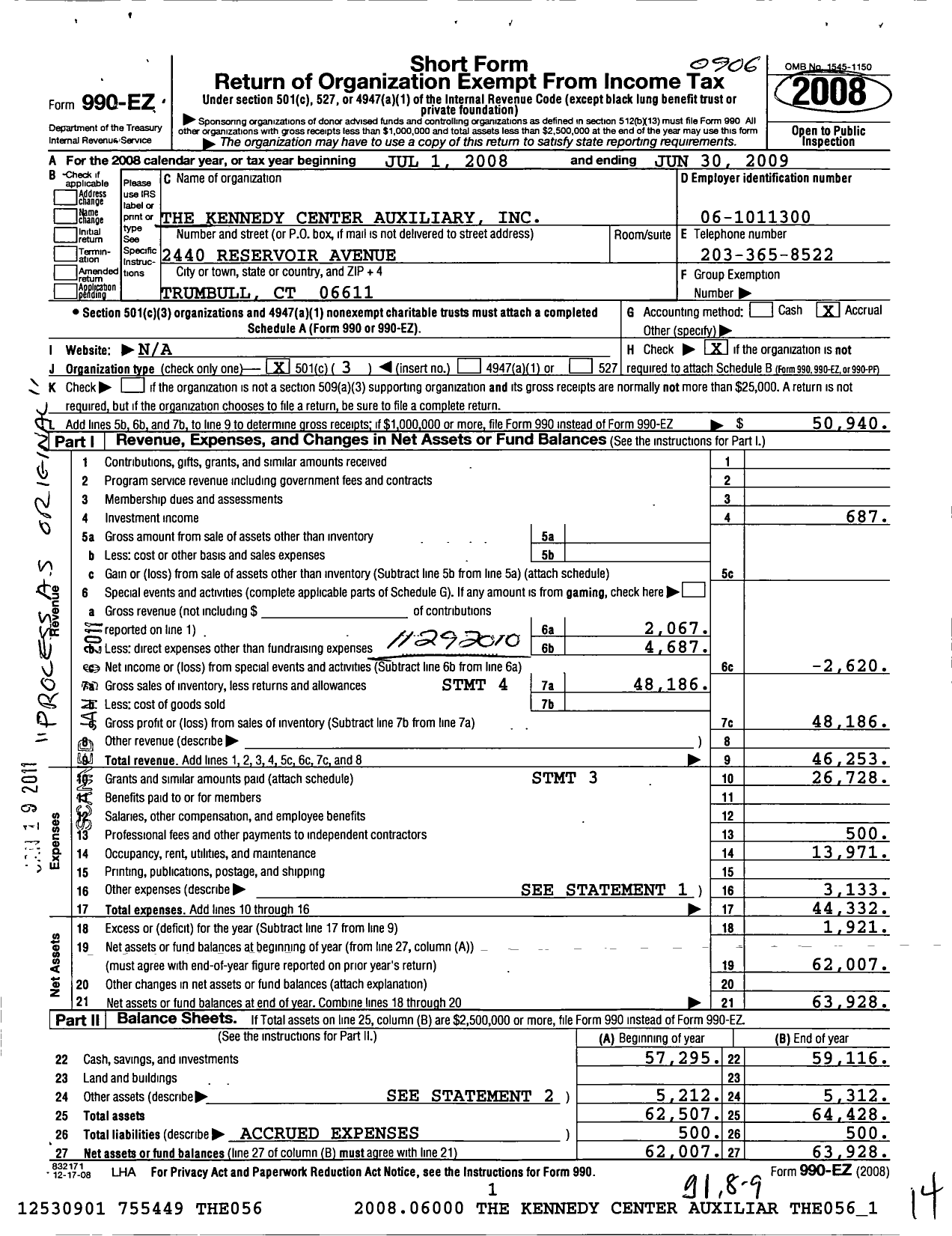 Image of first page of 2008 Form 990EZ for The Kennedy Center Auxiliary