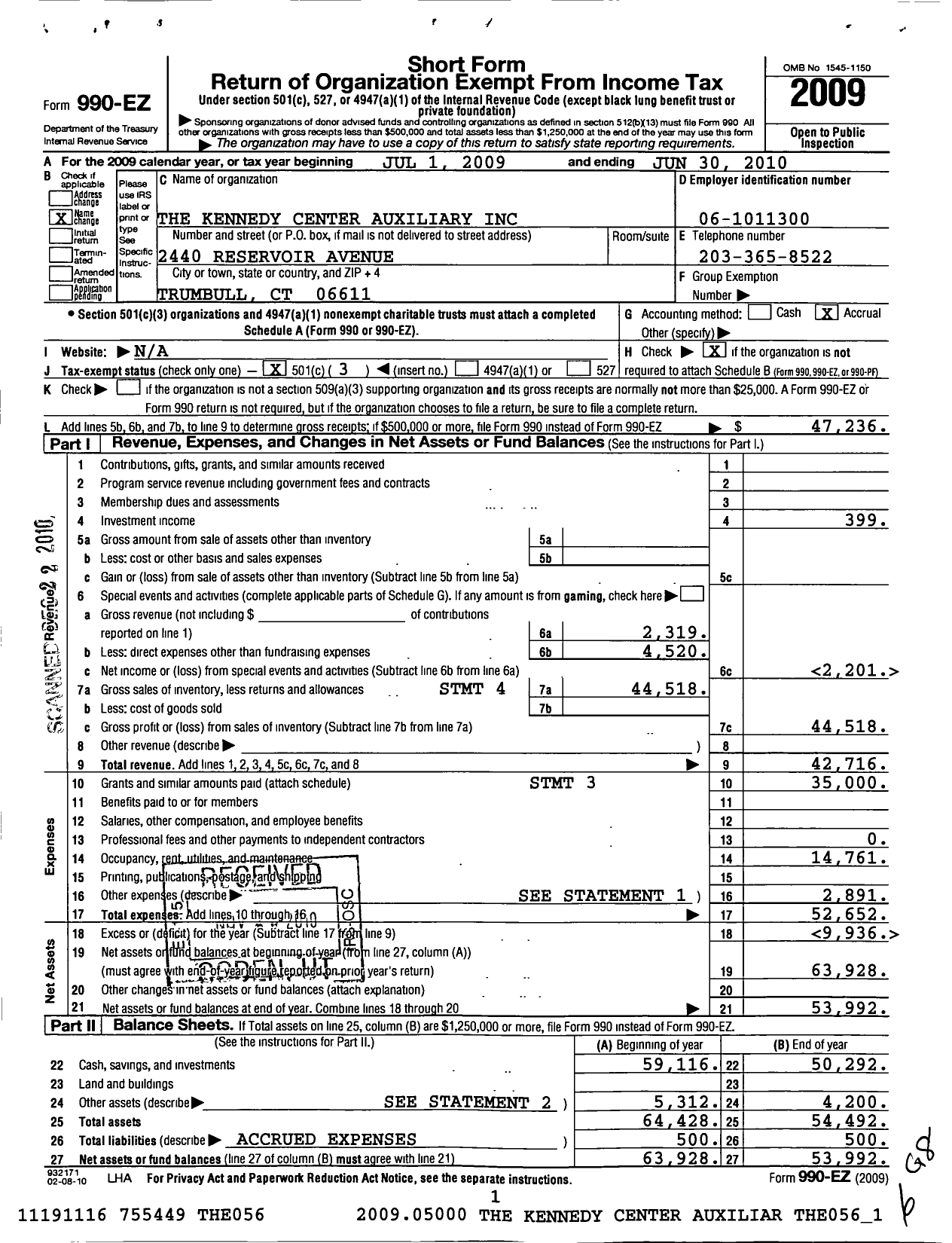 Image of first page of 2009 Form 990EZ for The Kennedy Center Auxiliary