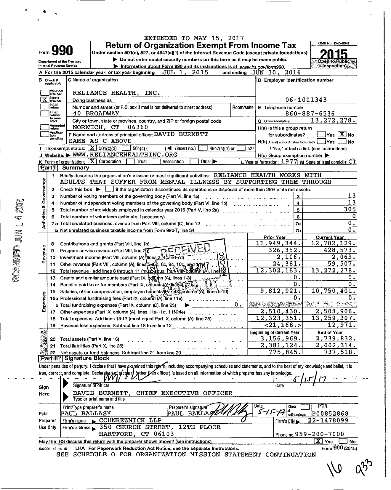 Image of first page of 2015 Form 990 for Reliance Health