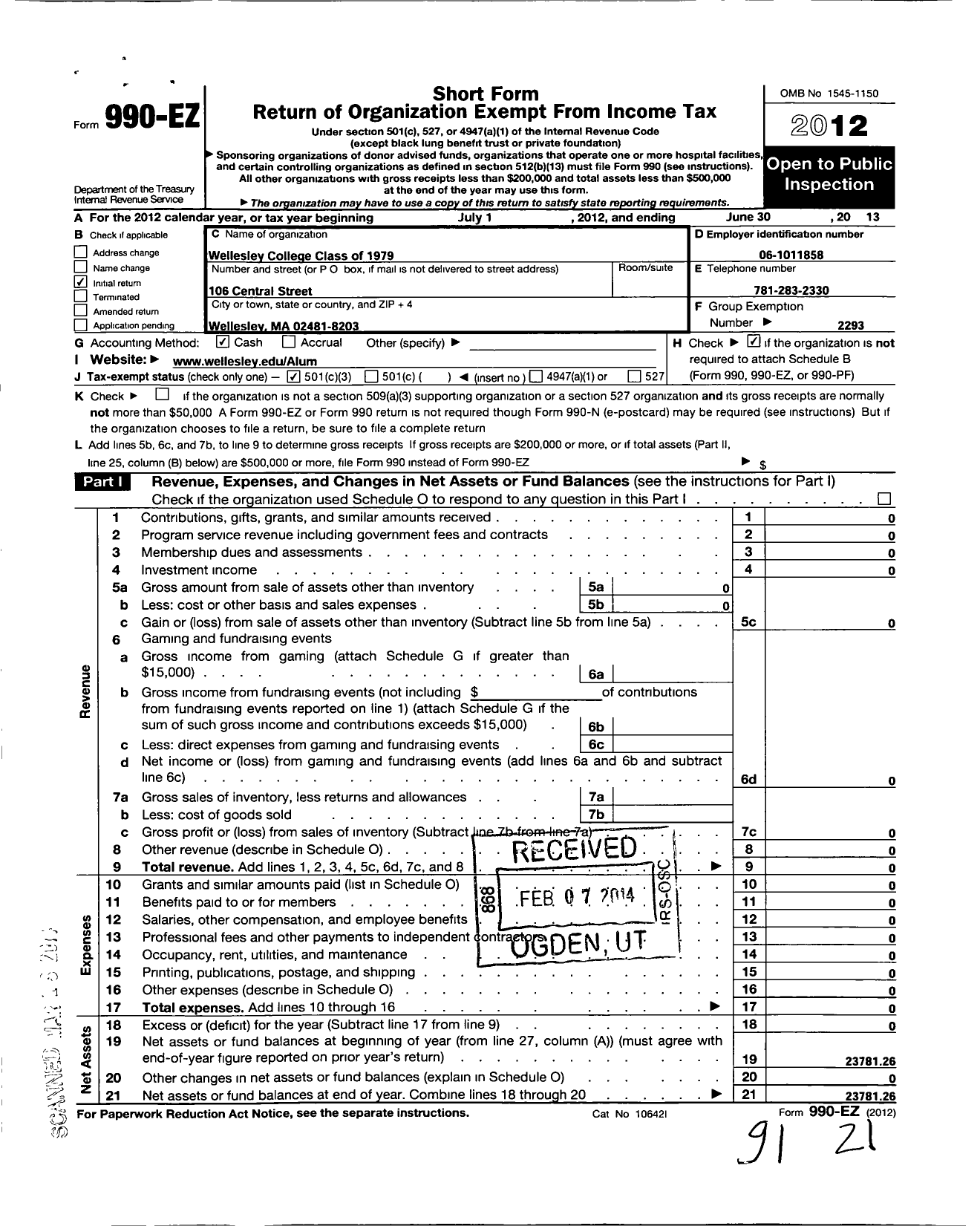 Image of first page of 2012 Form 990EZ for Wellesley College Alumnae Association - 1979 Class