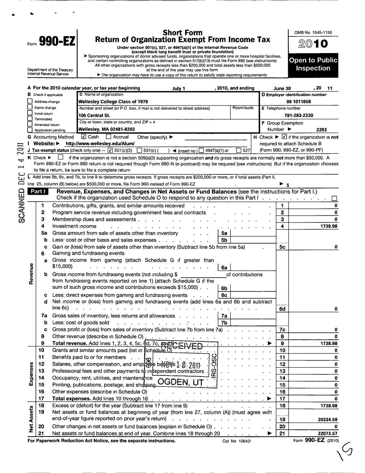 Image of first page of 2010 Form 990EZ for Wellesley College Alumnae Association - 1979 Class