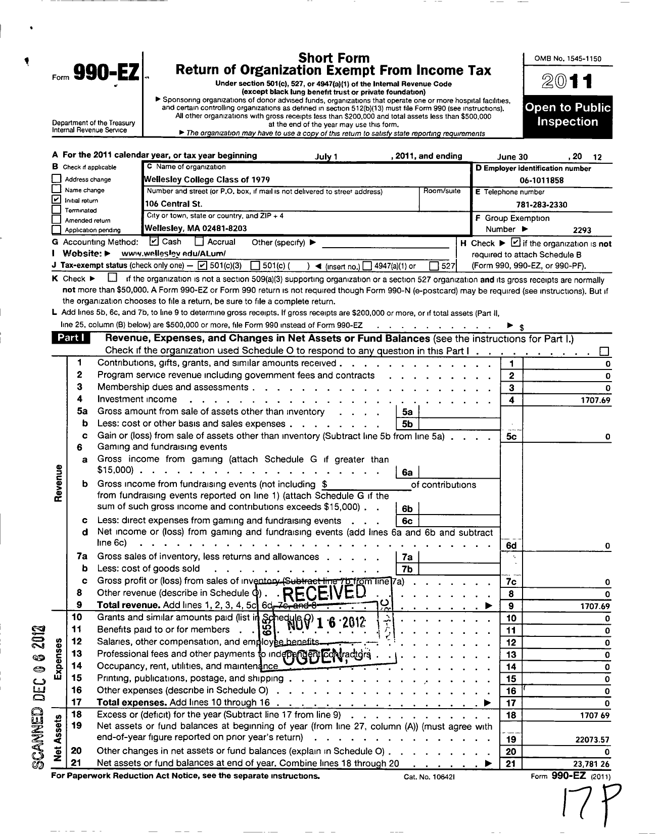 Image of first page of 2011 Form 990EZ for Wellesley College Alumnae Association - 1979 Class