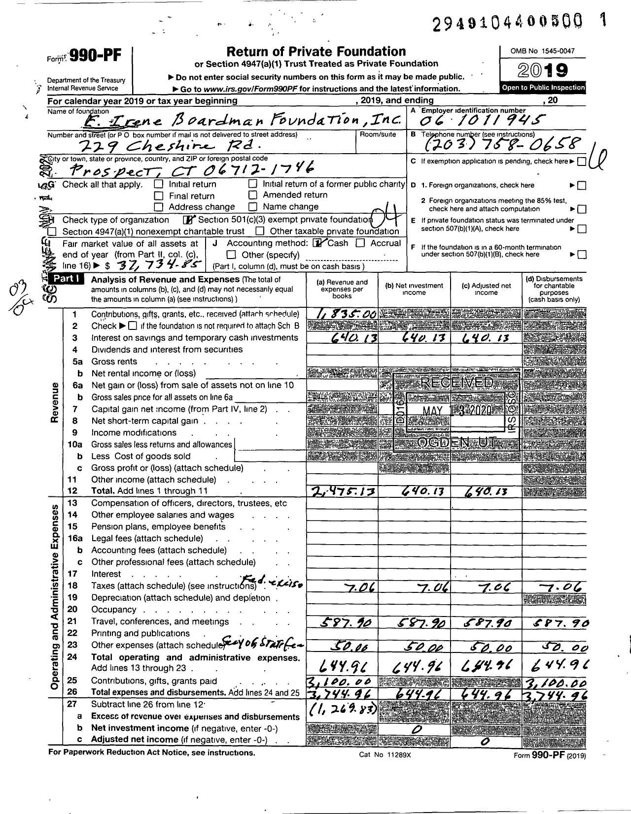 Image of first page of 2019 Form 990PF for E Irene Boardman Foundation the