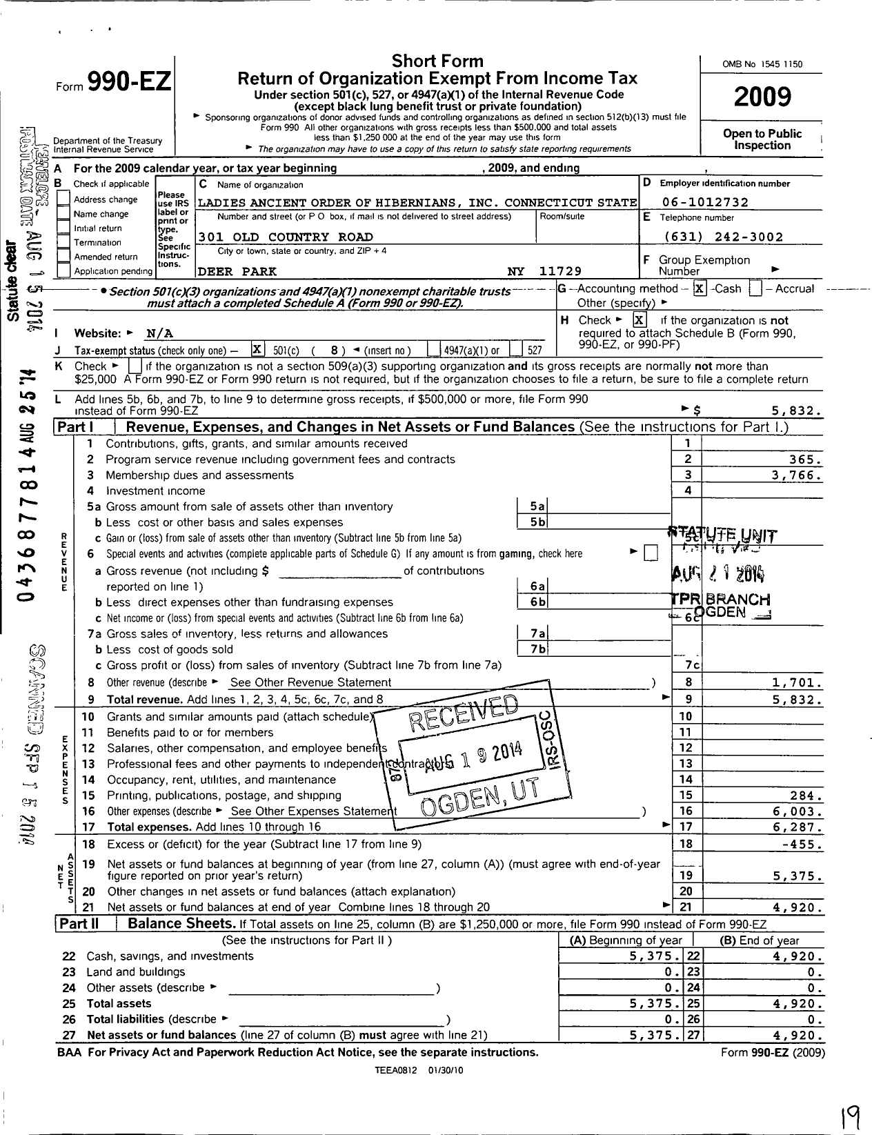 Image of first page of 2009 Form 990EO for Ancient Order of Hibernians Ladies