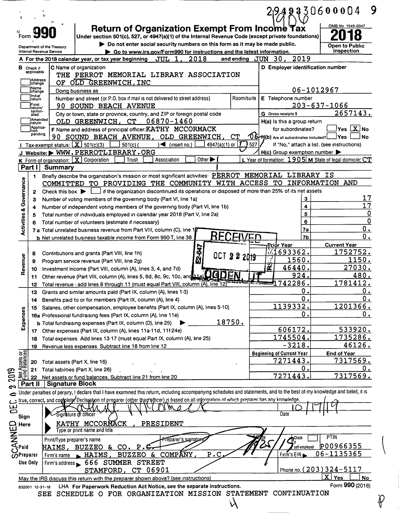 Image of first page of 2018 Form 990 for The Perrot Memorial Library Associa of Old Greenwich