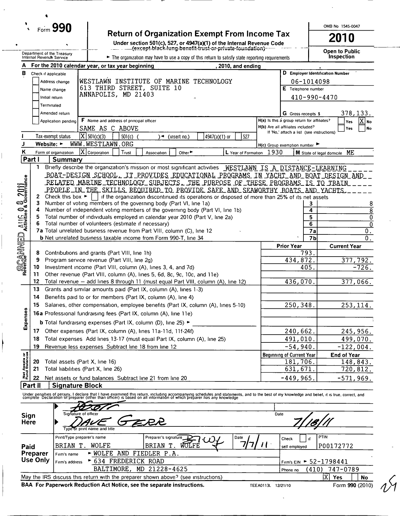 Image of first page of 2010 Form 990 for Westlawn Institute of Marine Technology