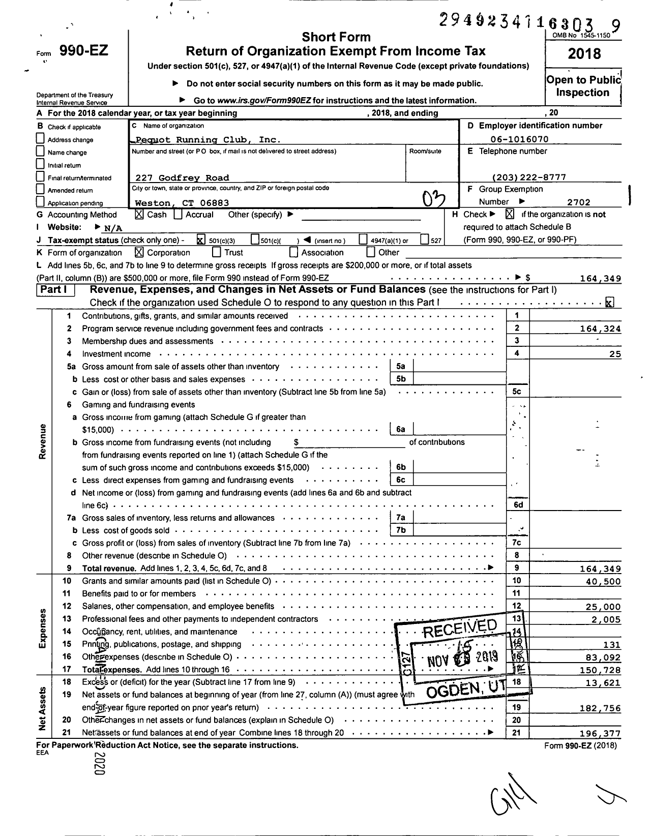 Image of first page of 2018 Form 990EZ for Pequot Running Club