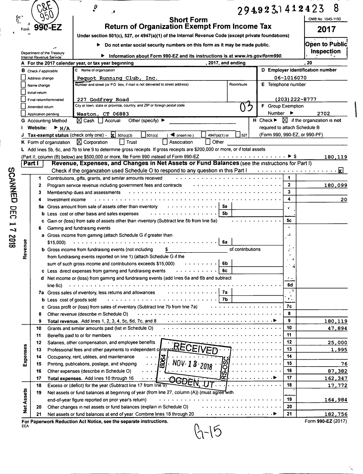 Image of first page of 2017 Form 990EZ for Pequot Running Club