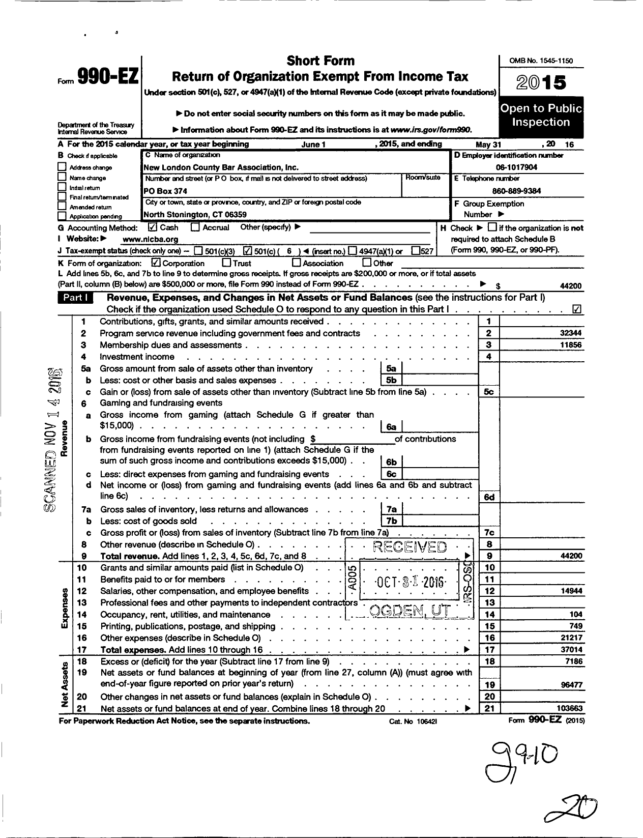 Image of first page of 2015 Form 990EO for New London County Bar Association