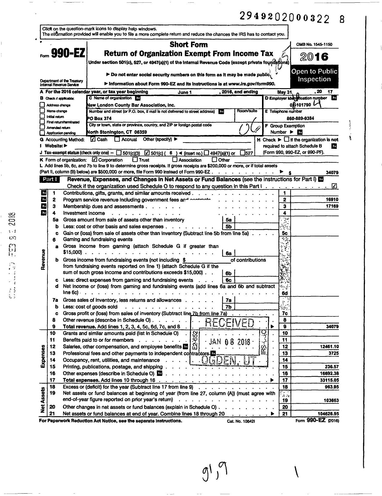 Image of first page of 2016 Form 990EO for New London County Bar Association