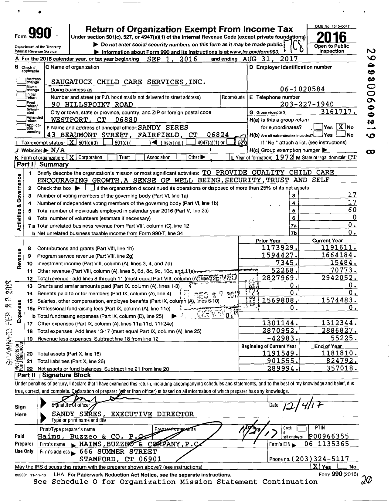 Image of first page of 2016 Form 990 for Saugatuck Child Care Services