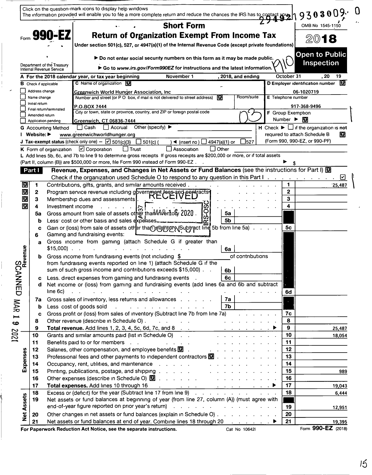 Image of first page of 2018 Form 990EZ for Greenwich World Hunger Association