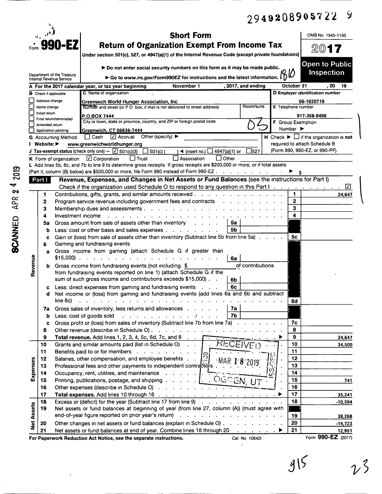 Image of first page of 2017 Form 990EZ for Greenwich World Hunger Association