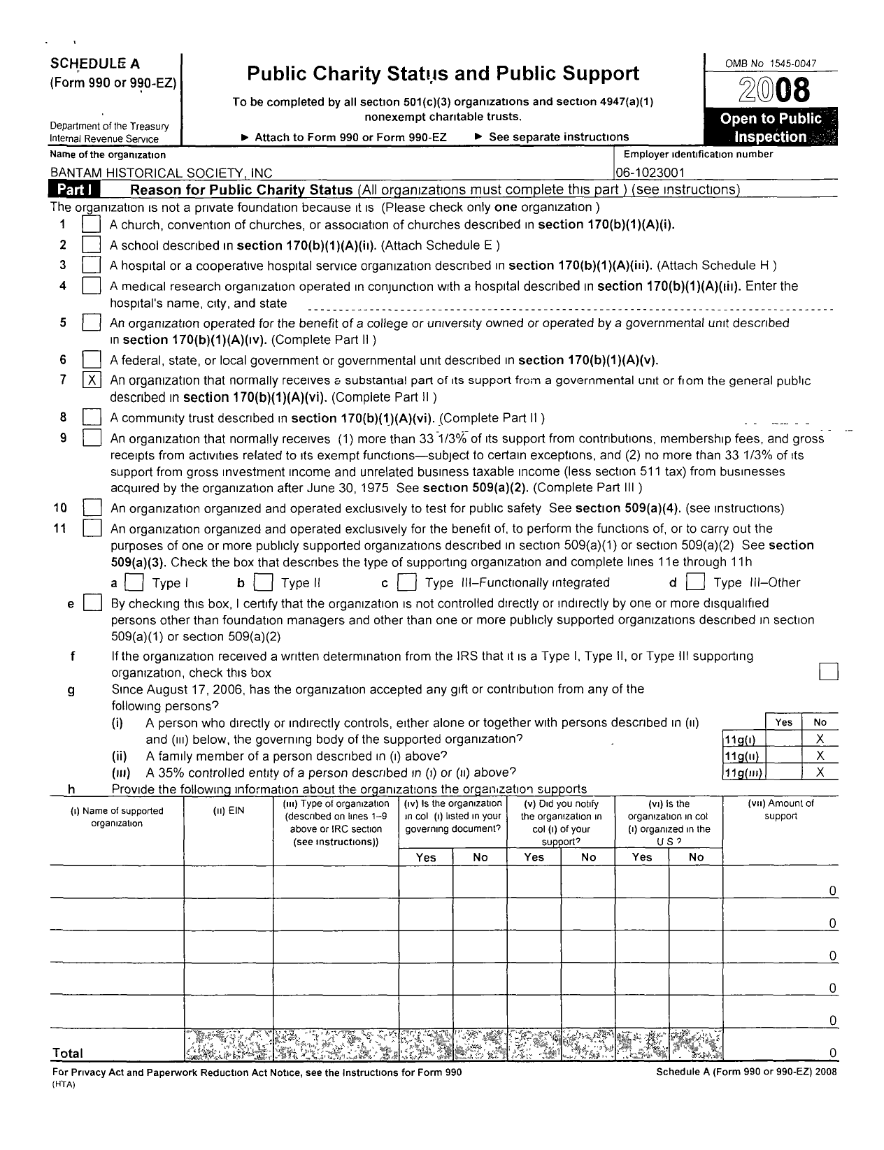 Image of first page of 2007 Form 990ER for Bantam Historical Society