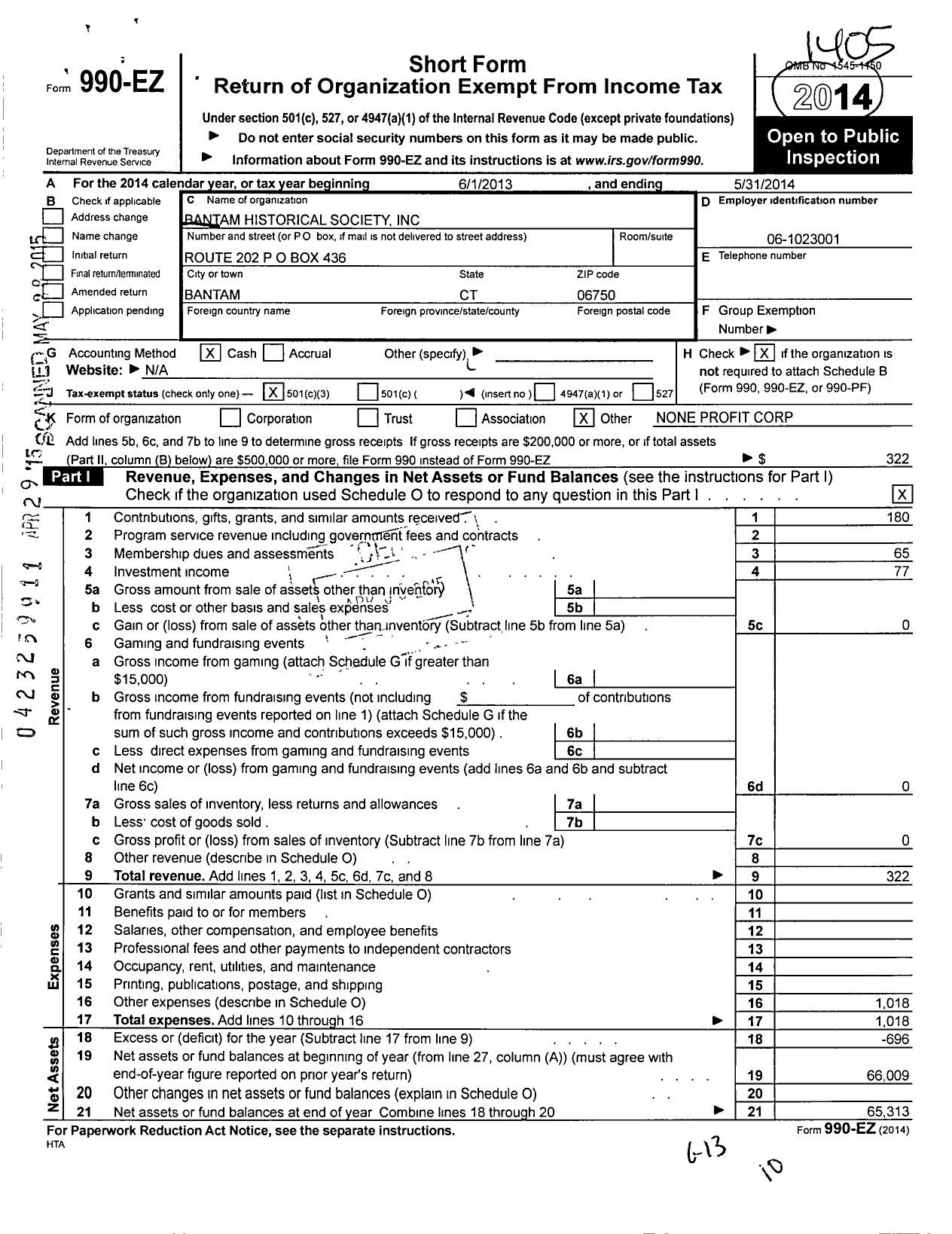 Image of first page of 2013 Form 990EZ for Bantam Historical Society