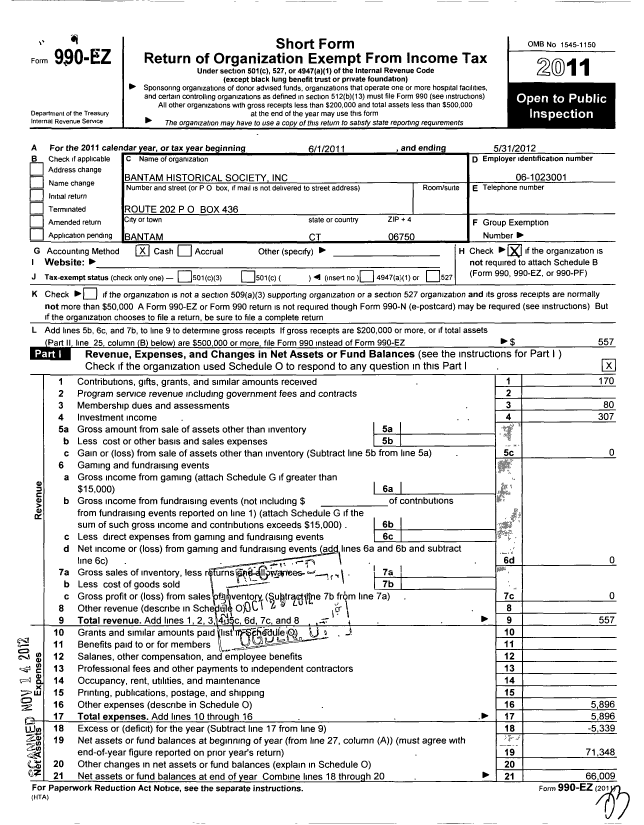 Image of first page of 2011 Form 990EO for Bantam Historical Society