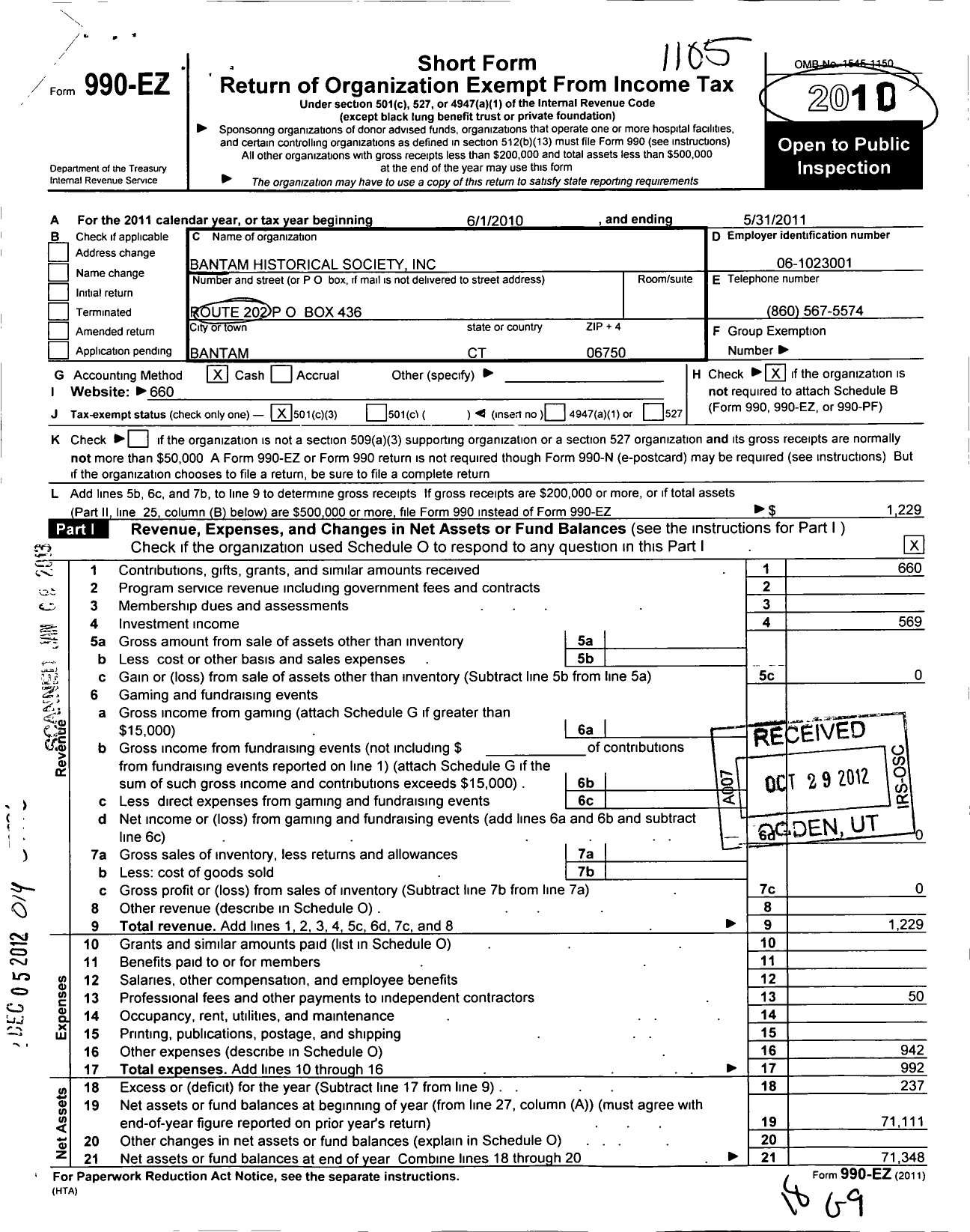 Image of first page of 2010 Form 990EZ for Bantam Historical Society