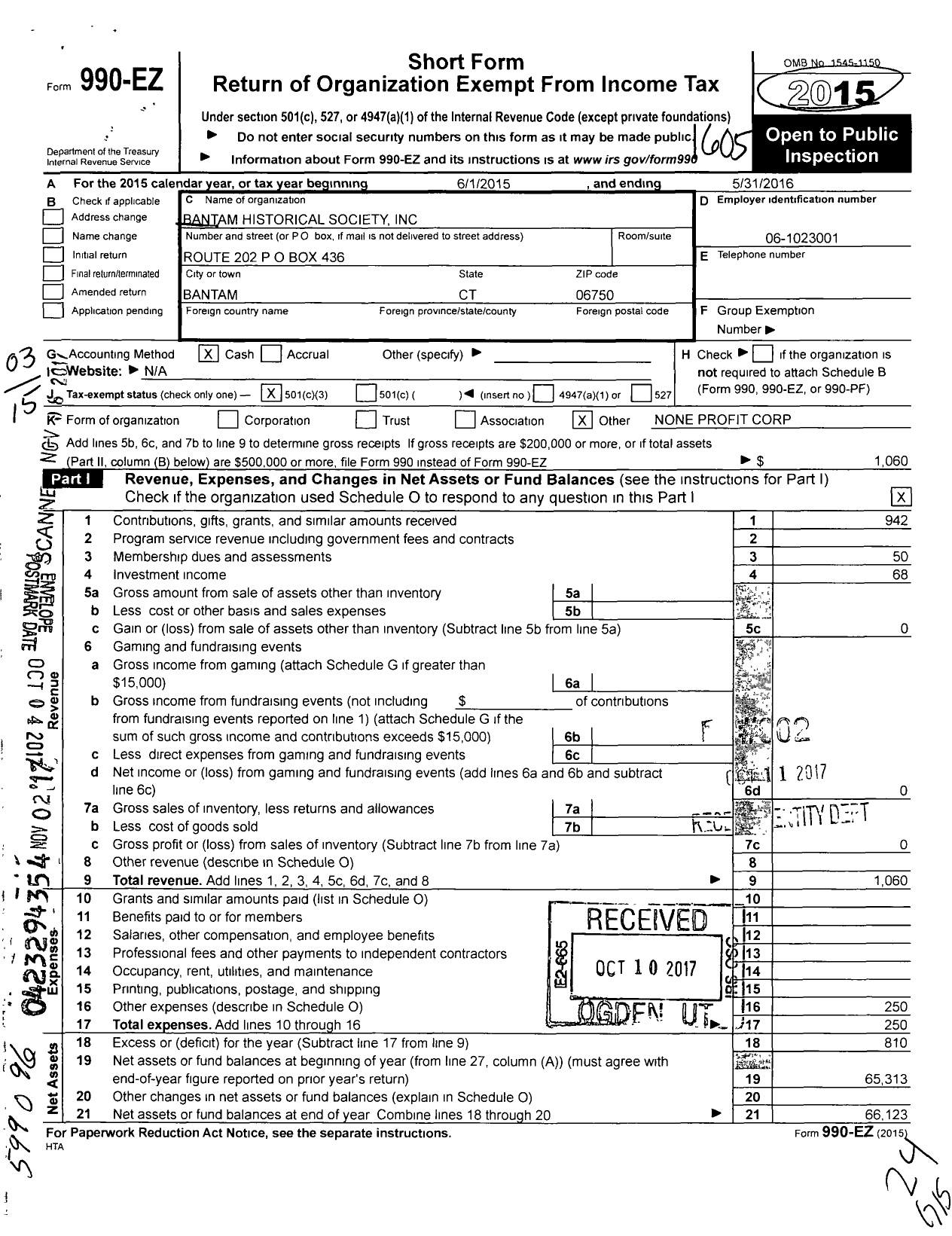 Image of first page of 2015 Form 990EZ for Bantam Historical Society