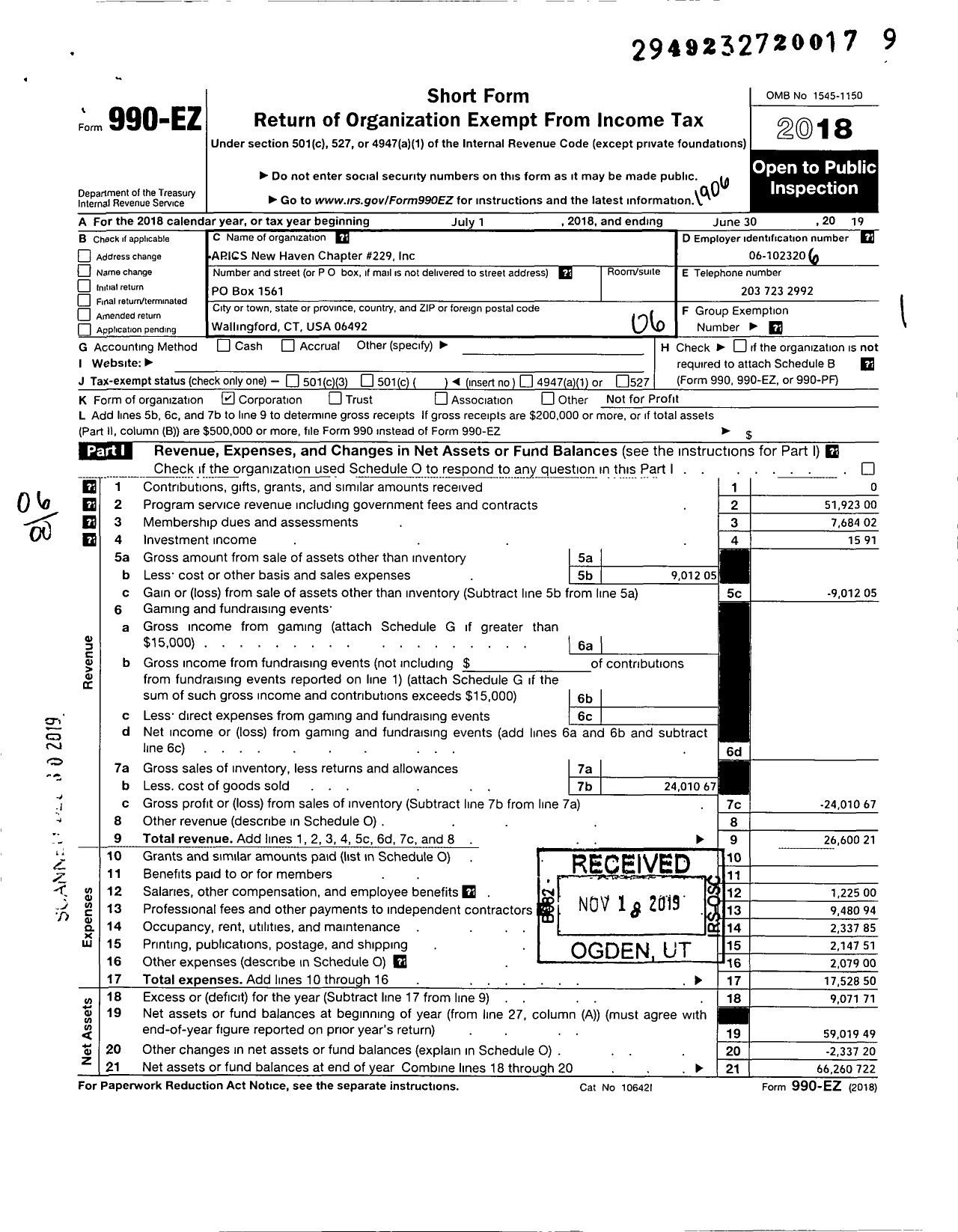 Image of first page of 2018 Form 990EO for American Production and Inven Contrl Society Apics New Haven CT