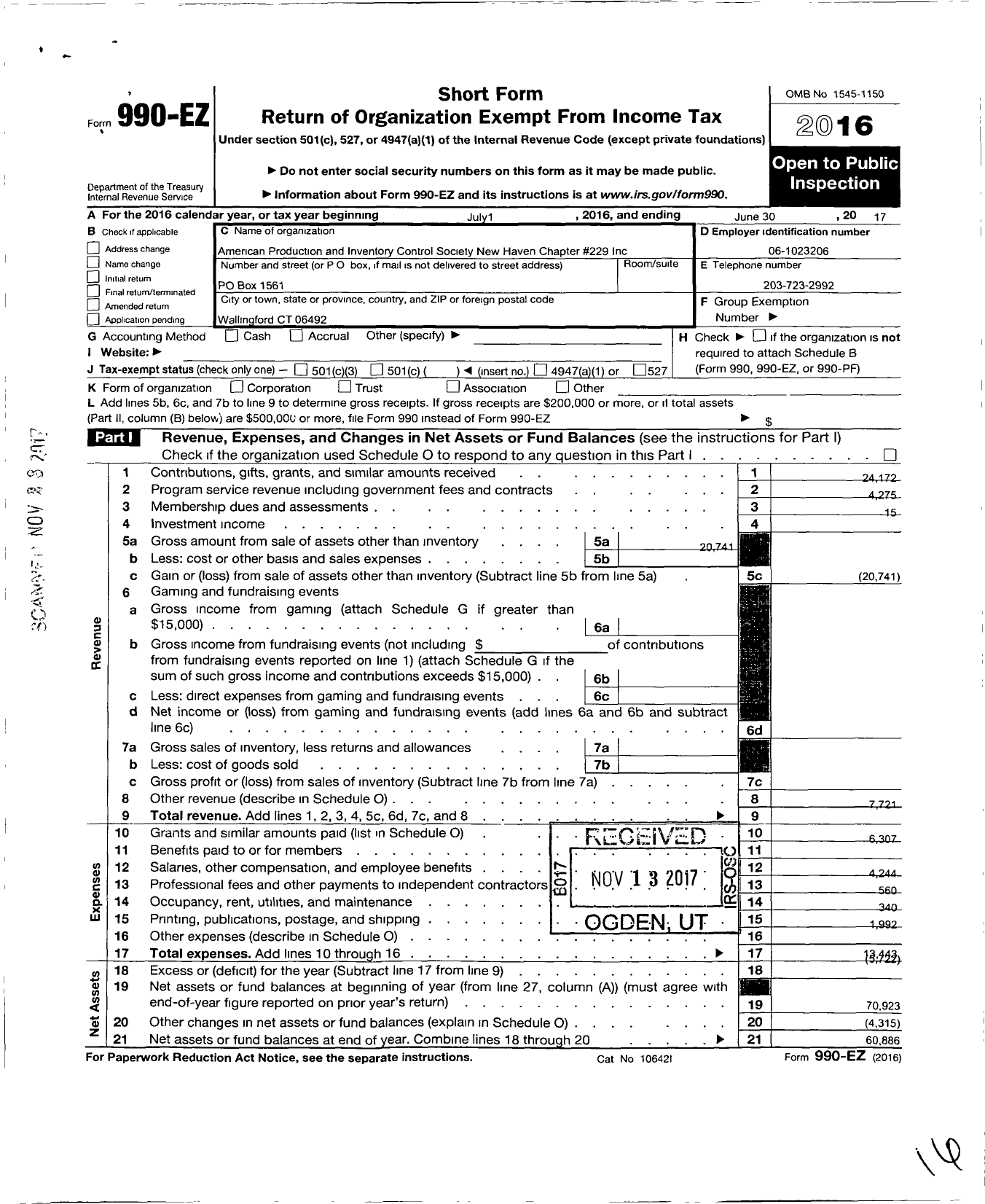 Image of first page of 2016 Form 990EO for American Production and Inven Contrl Society Apics New Haven CT