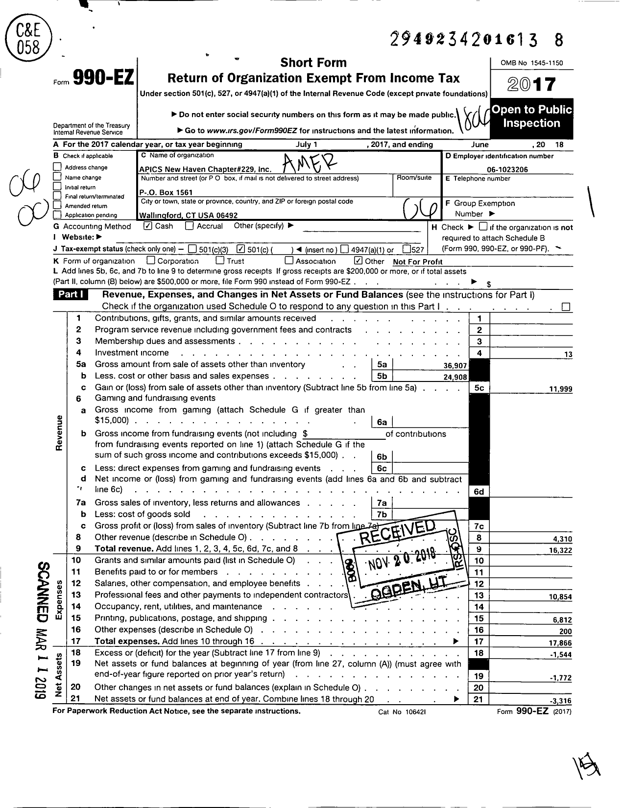 Image of first page of 2017 Form 990EO for American Production and Inven Contrl Society Apics New Haven CT