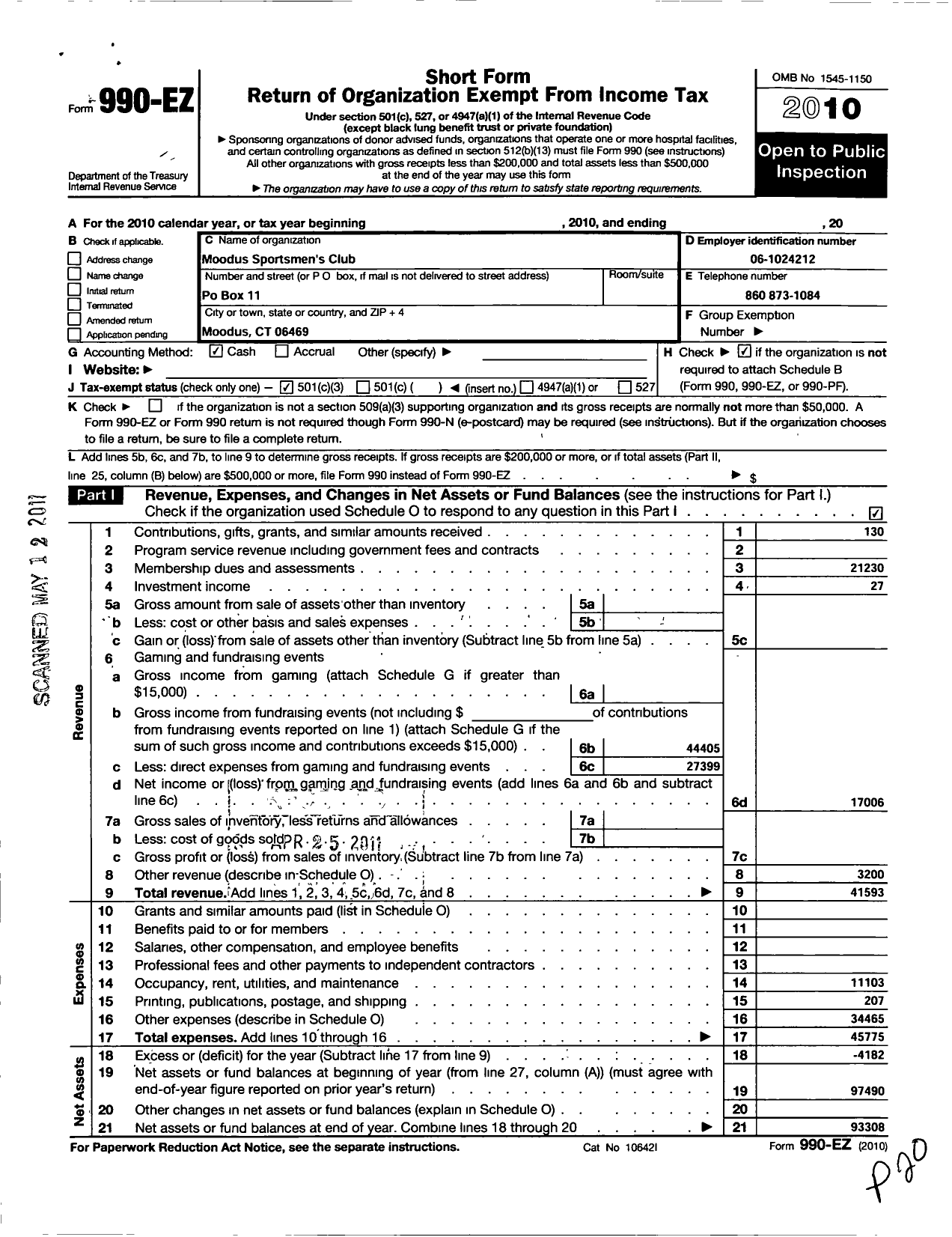 Image of first page of 2010 Form 990EZ for Moodus Sportsman Club