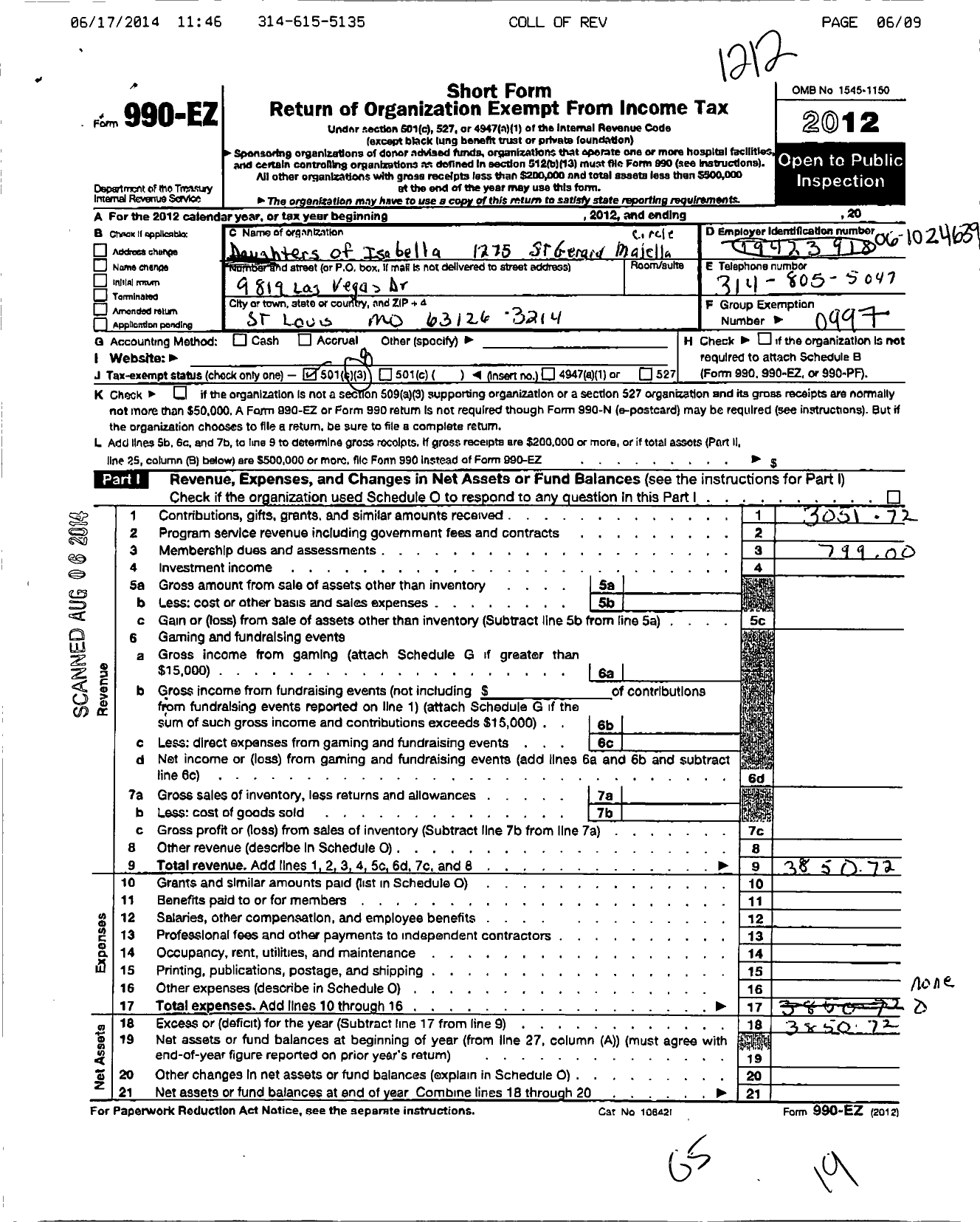 Image of first page of 2012 Form 990EO for Daughters of Isabella - 1275 St Gerard Majella Circle