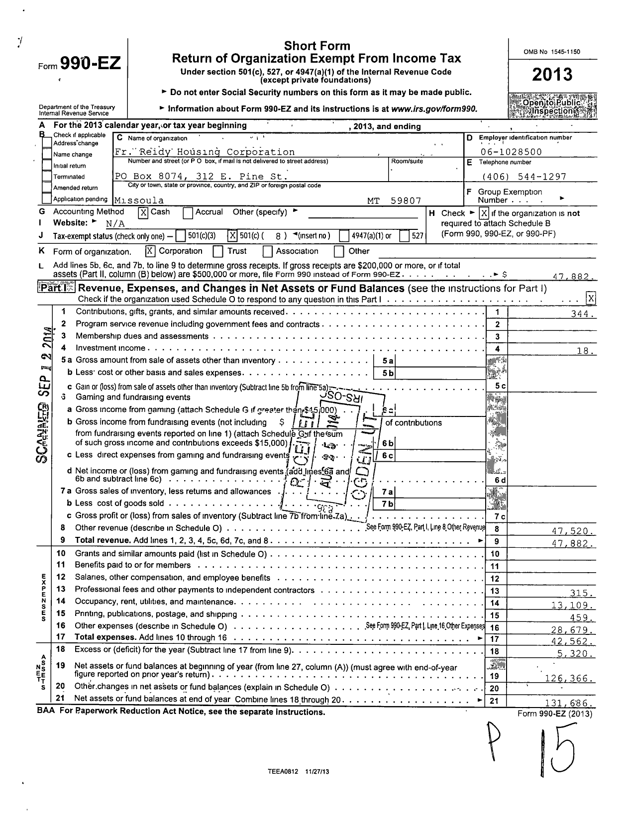 Image of first page of 2013 Form 990EO for Fr Reidy Housing Corporation
