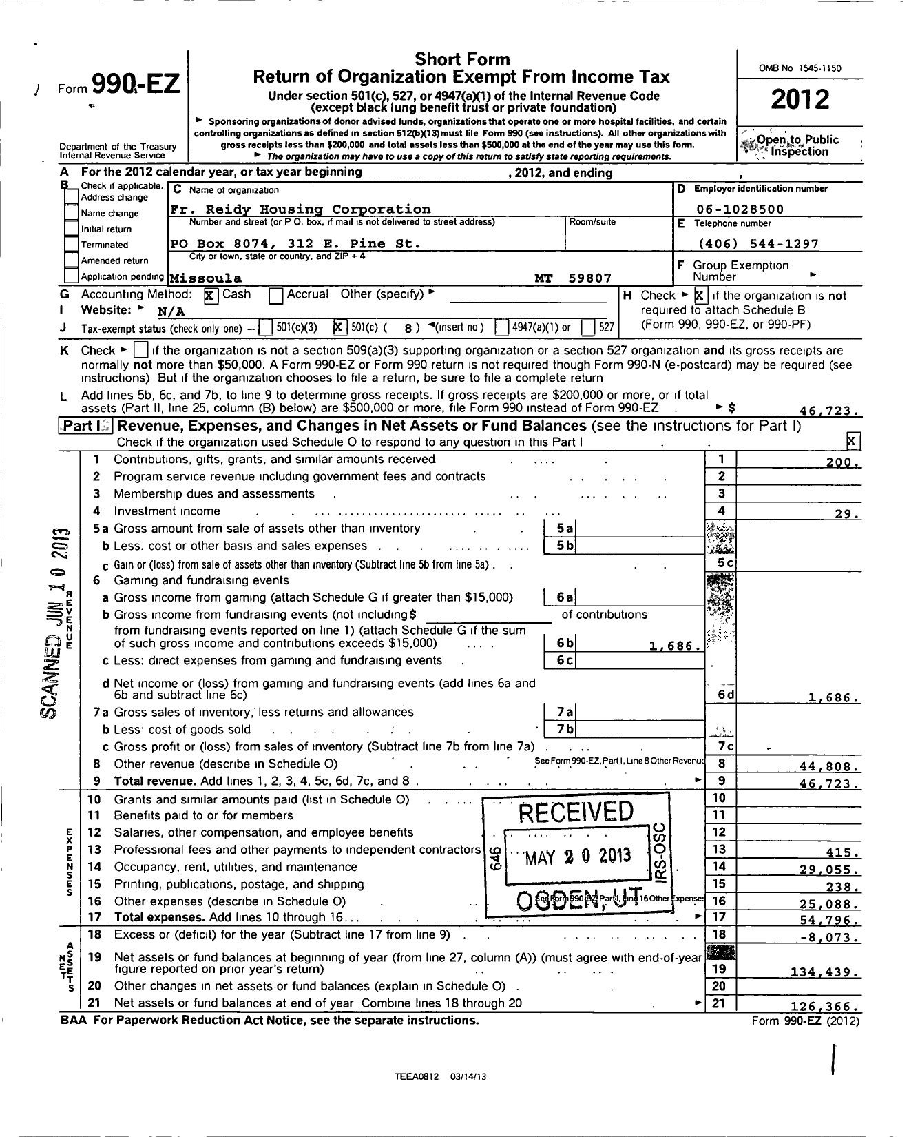 Image of first page of 2012 Form 990EO for Fr Reidy Housing Corporation