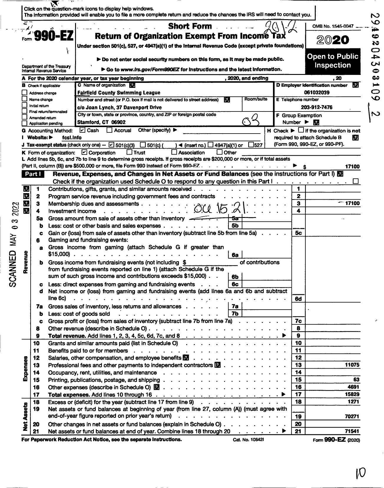 Image of first page of 2020 Form 990EZ for Fairfield County Swimming League