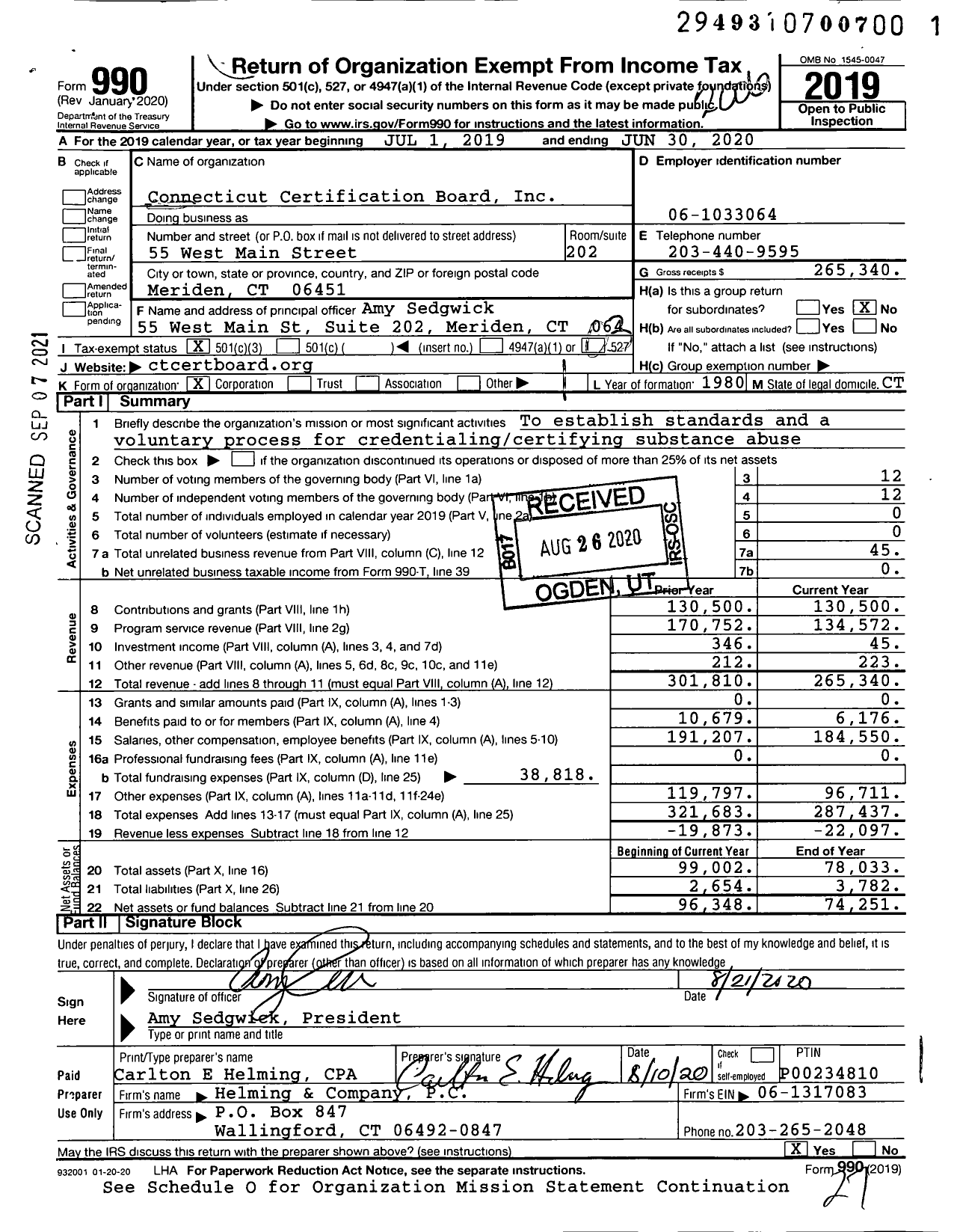 Image of first page of 2019 Form 990 for Connecticut Certification Board