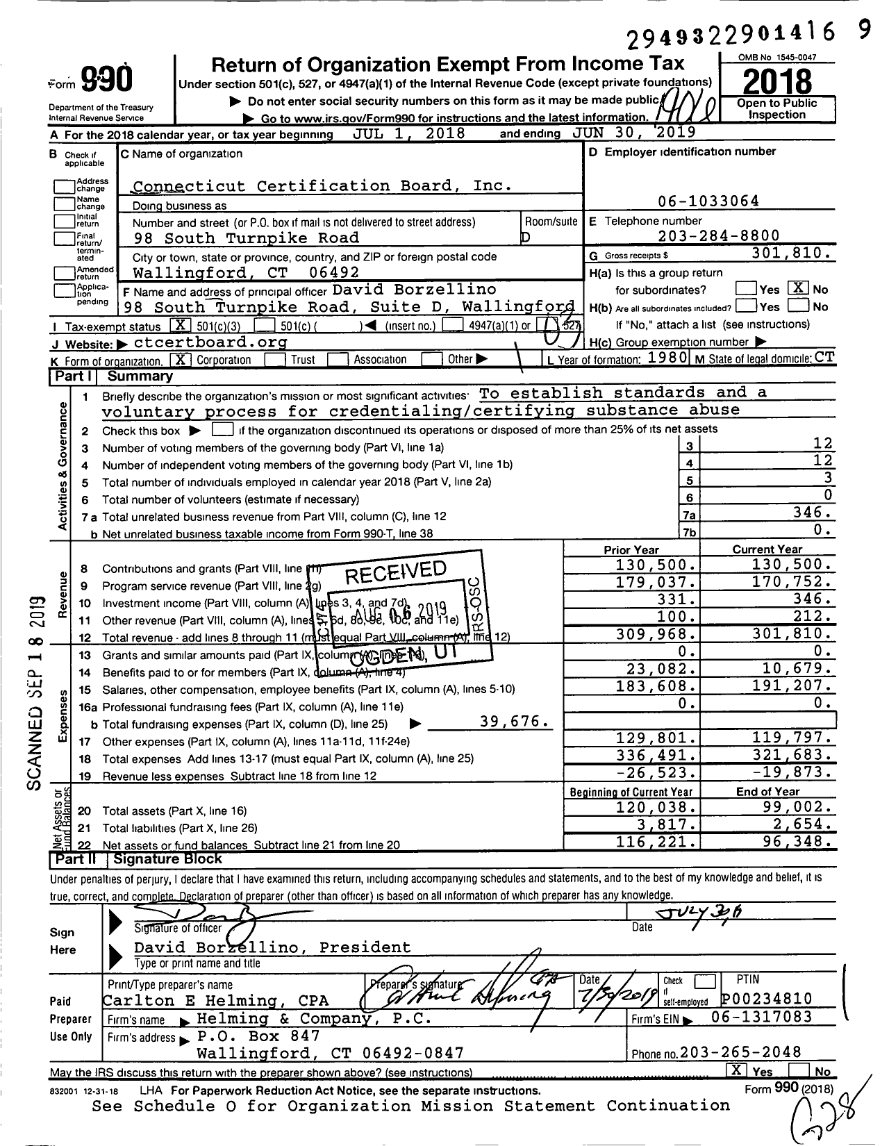 Image of first page of 2018 Form 990 for Connecticut Certification Board