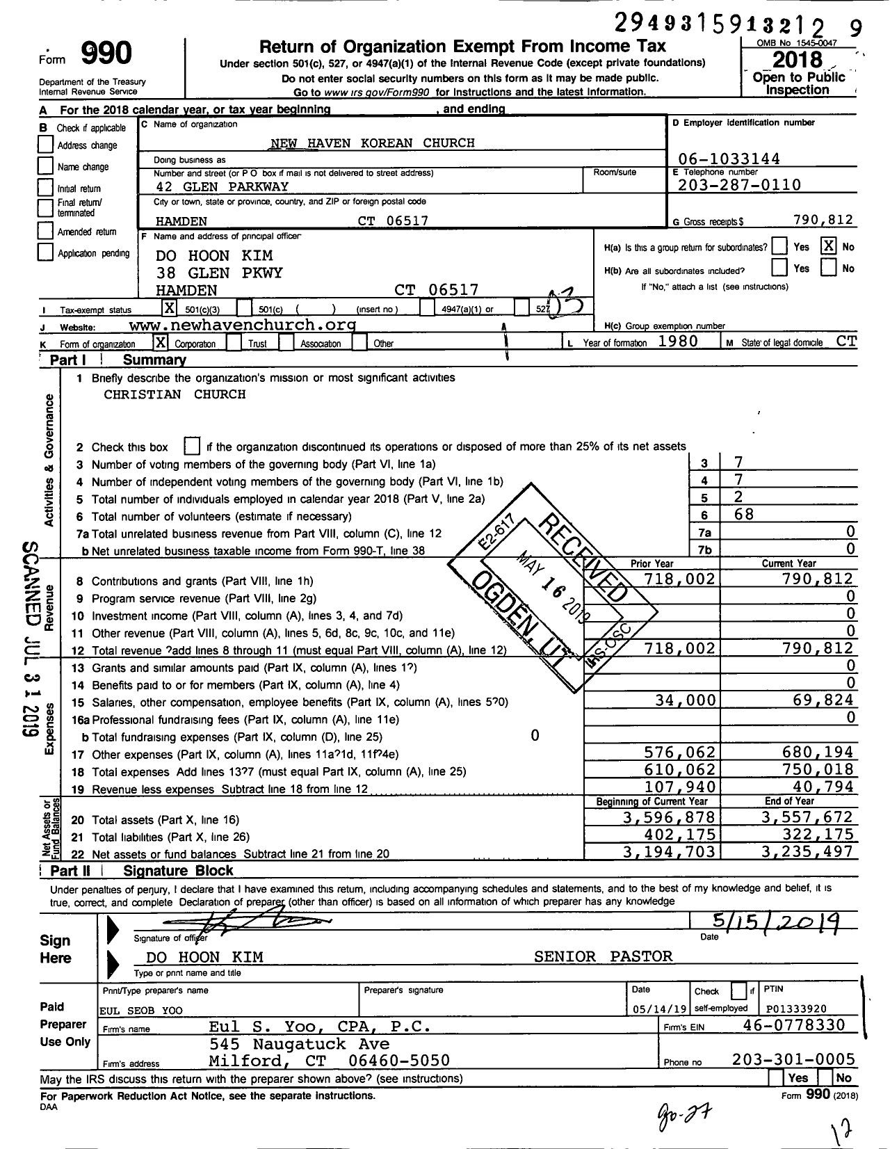 Image of first page of 2018 Form 990 for New Haven Korean Church