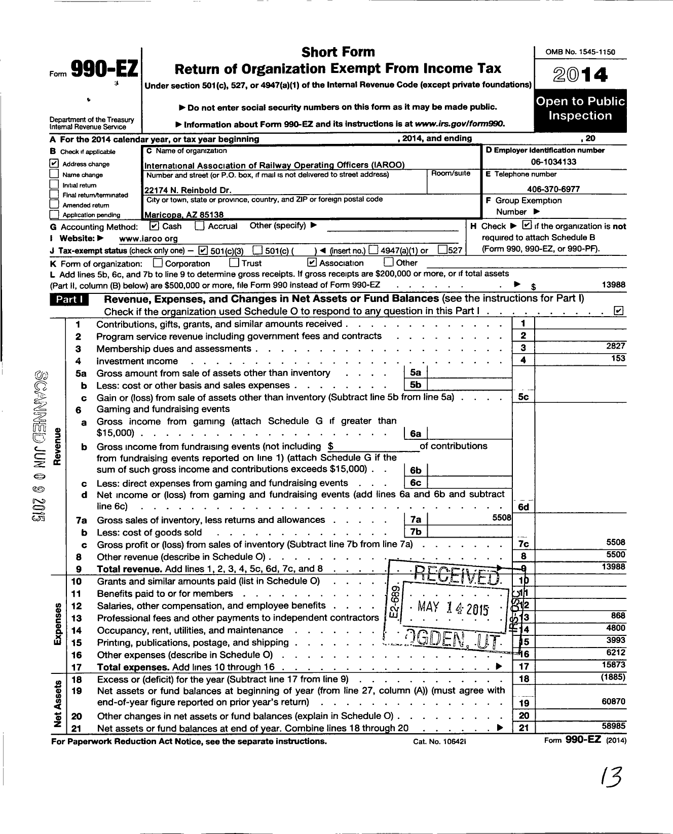 Image of first page of 2014 Form 990EZ for International Association of Railwa Y Operating Officers