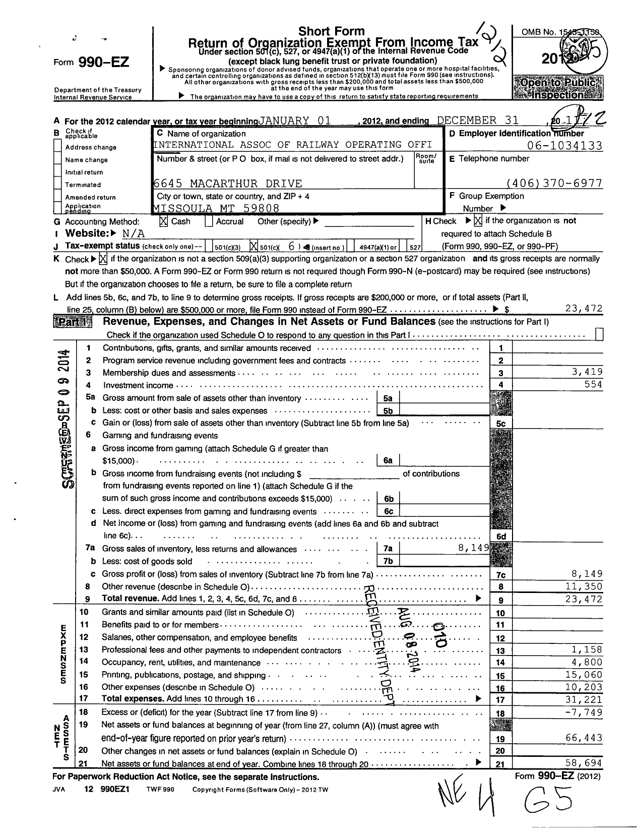 Image of first page of 2012 Form 990EO for International Association of Railwa Y Operating Officers