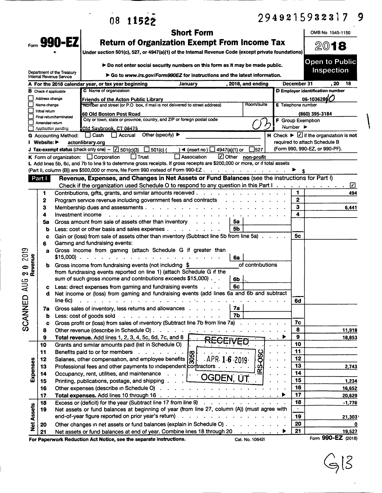 Image of first page of 2018 Form 990EZ for Friends of the Acton Library