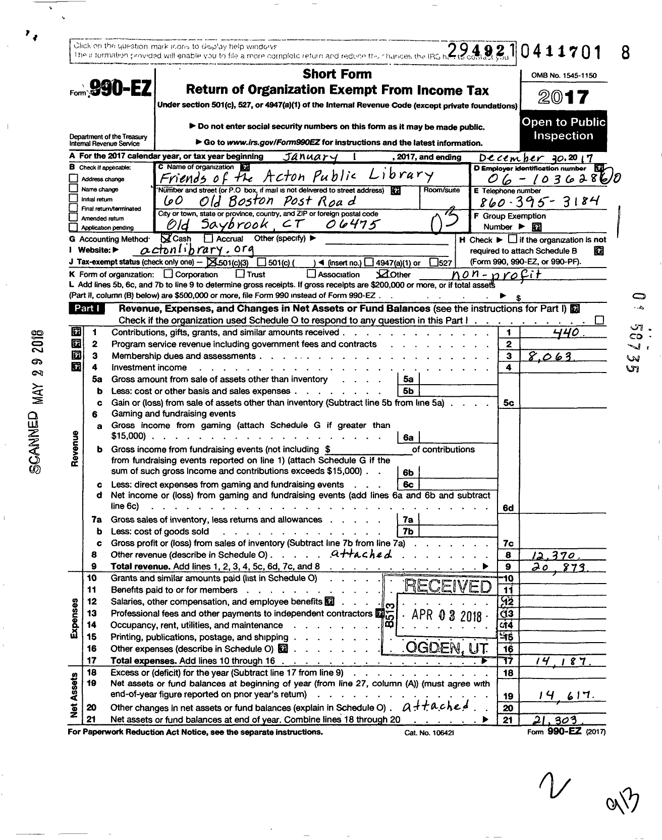 Image of first page of 2017 Form 990EZ for Friends of the Acton Library