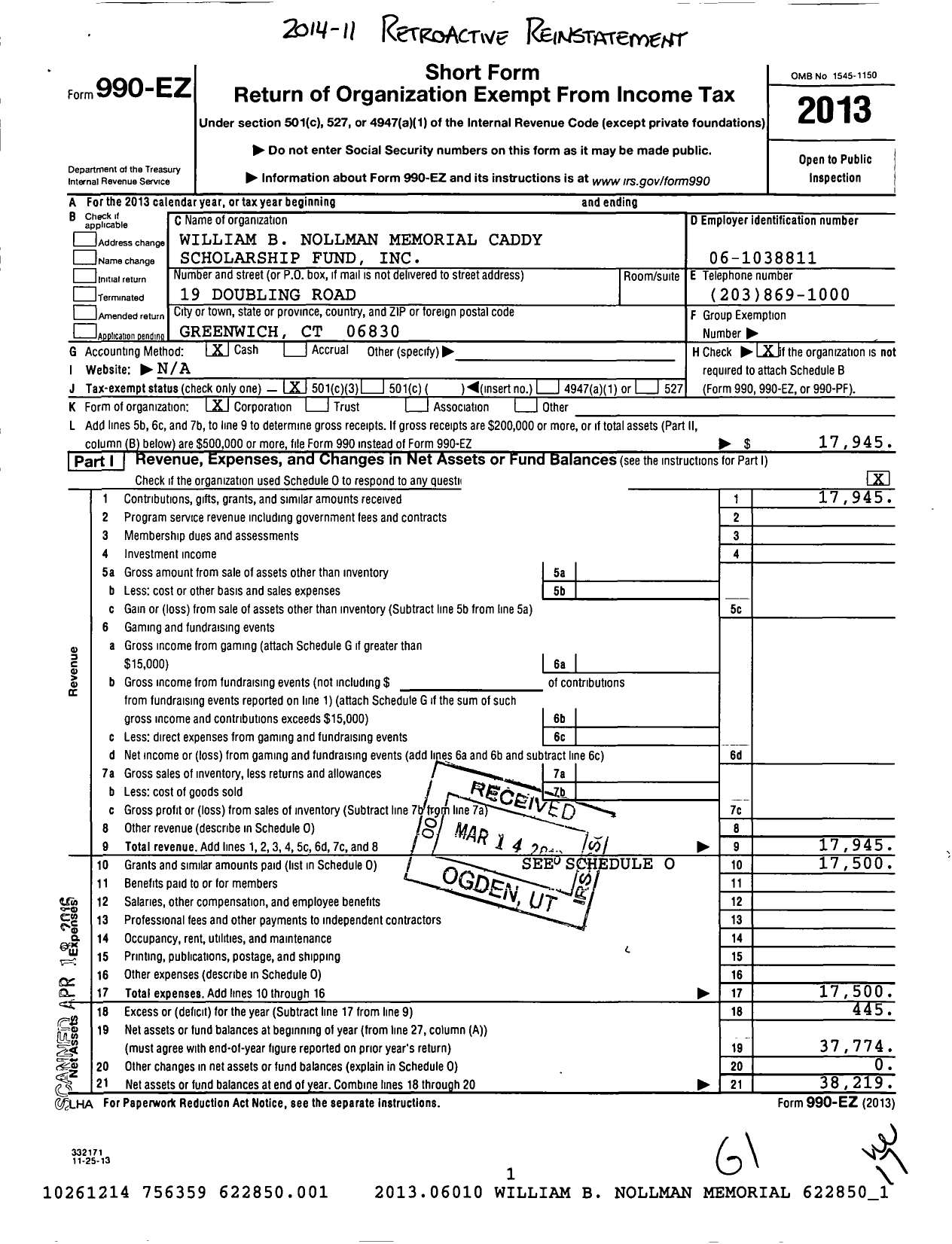 Image of first page of 2013 Form 990EZ for William B Nollman Scholarship Fund