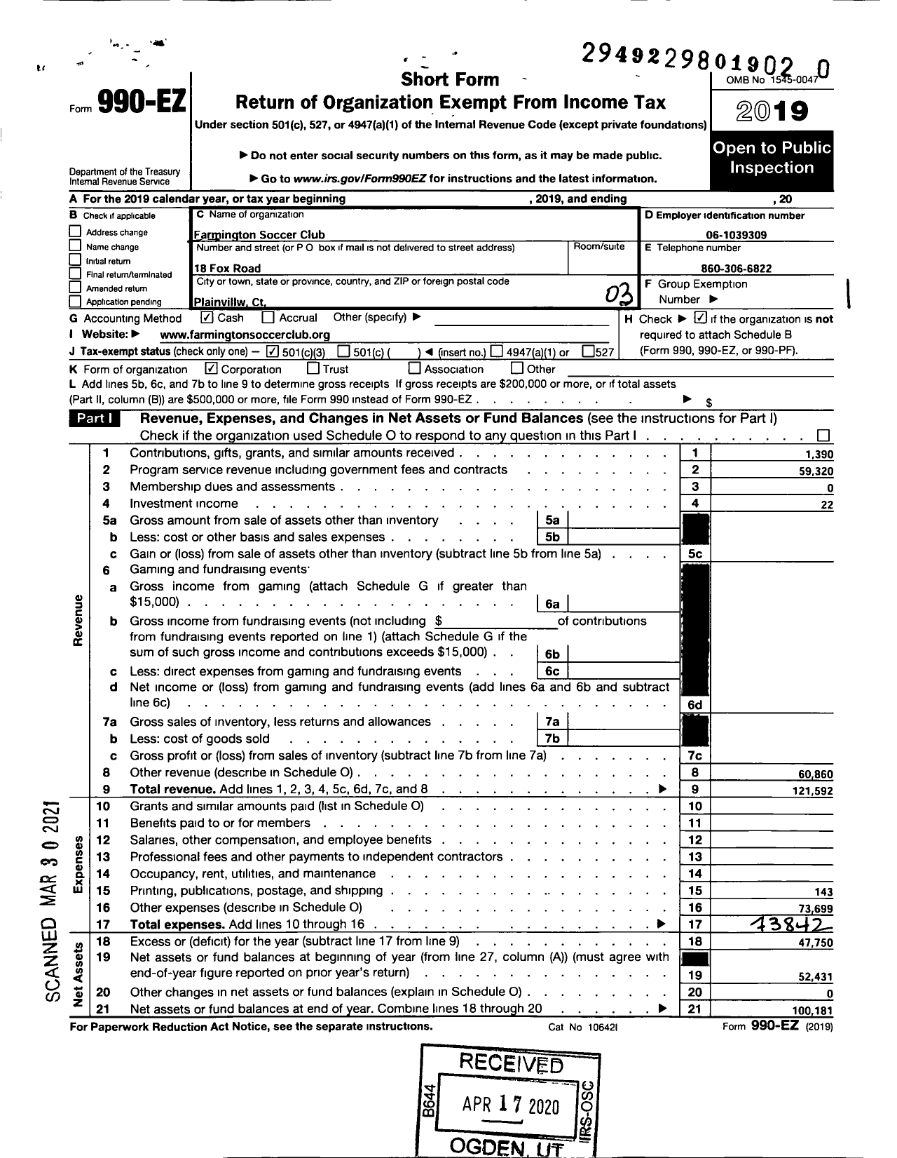 Image of first page of 2019 Form 990EZ for Farmington Soccer Club