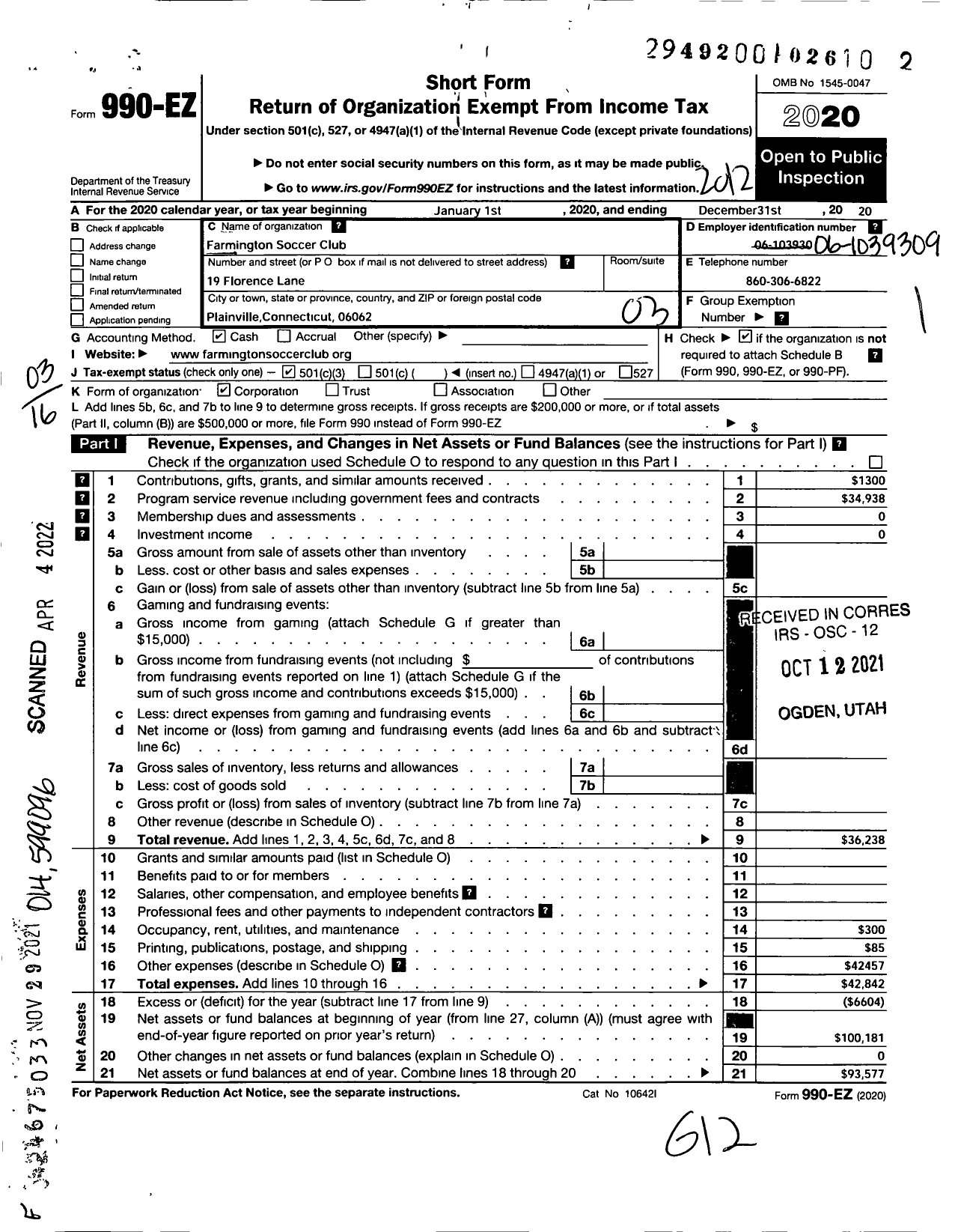 Image of first page of 2020 Form 990EZ for Farmington Soccer Club