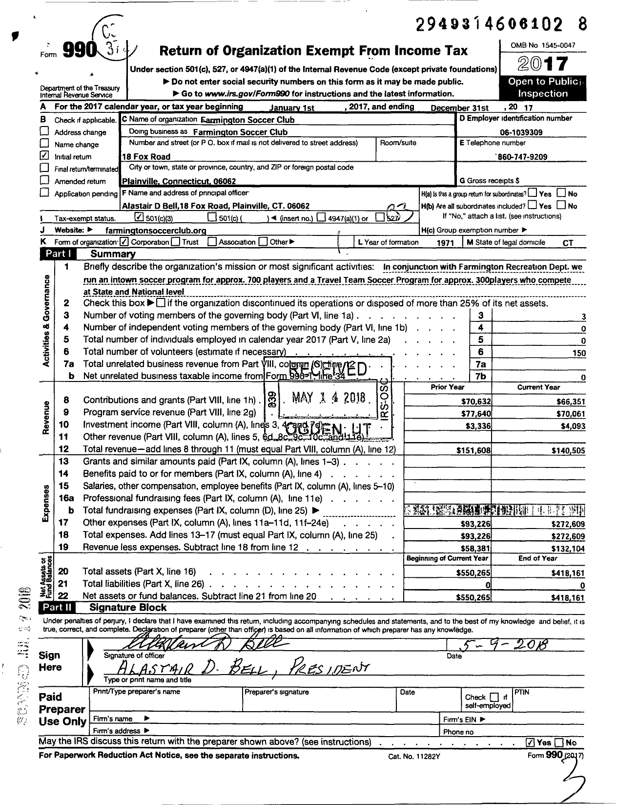 Image of first page of 2017 Form 990 for Farmington Soccer Club