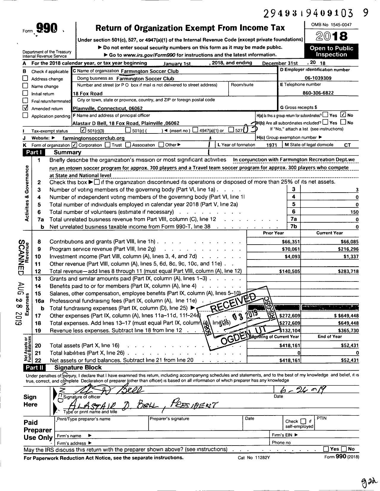 Image of first page of 2018 Form 990 for Farmington Soccer Club