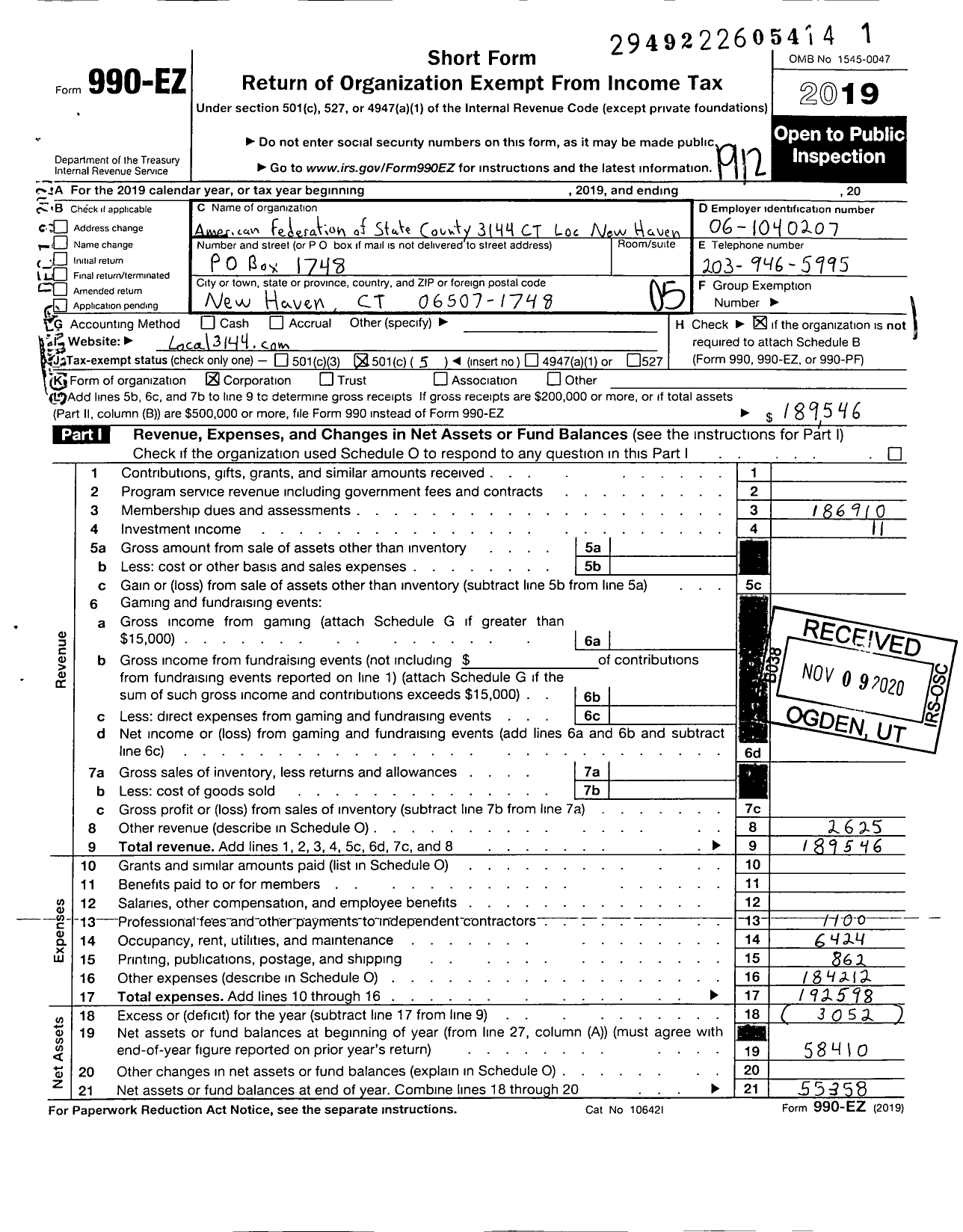 Image of first page of 2019 Form 990EO for American Federation of State County & Municipal Employees - L3144CT New Haven CT Supervisory Em