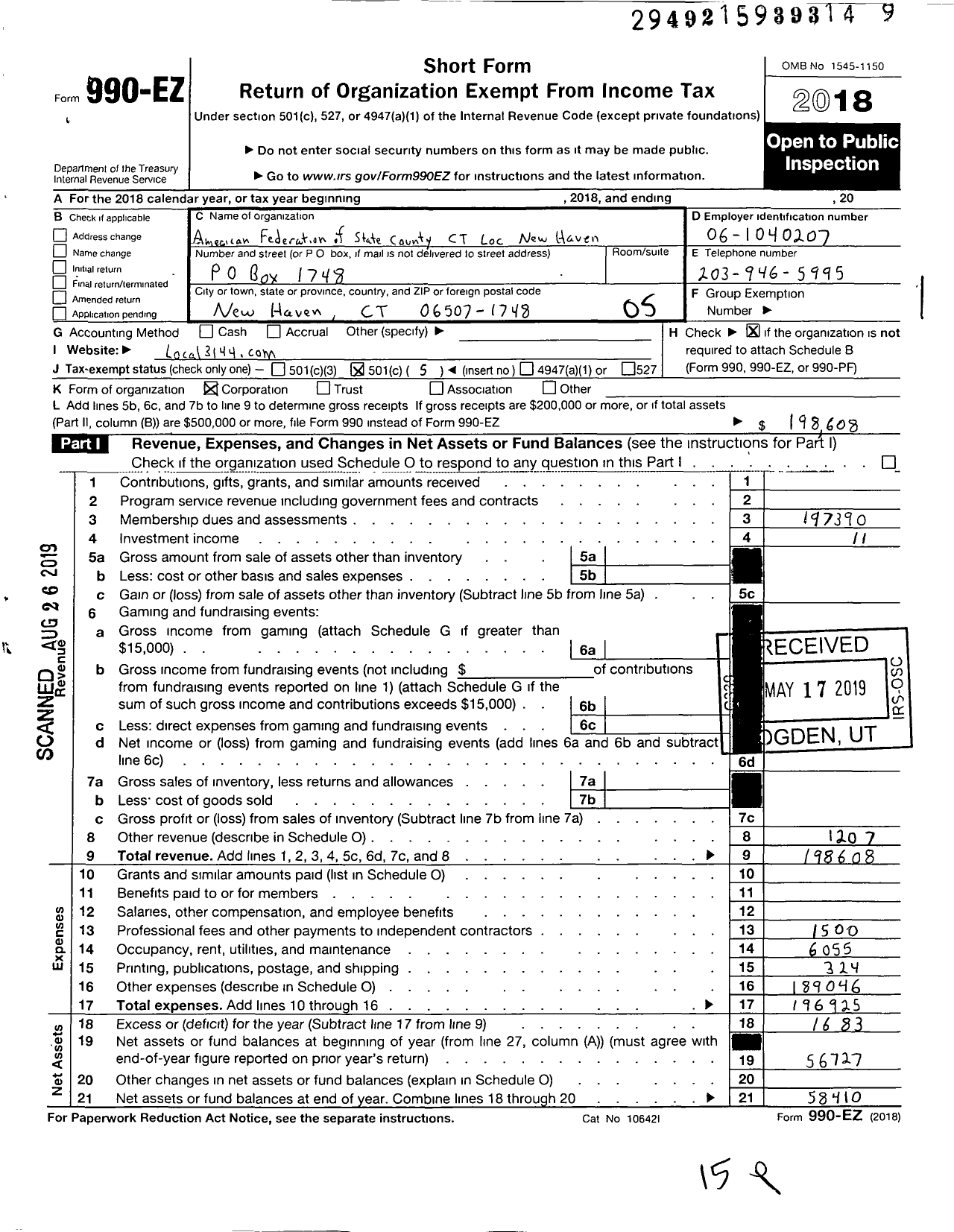 Image of first page of 2018 Form 990EO for American Federation of State County & Municipal Employees - L3144CT New Haven CT Supervisory Em