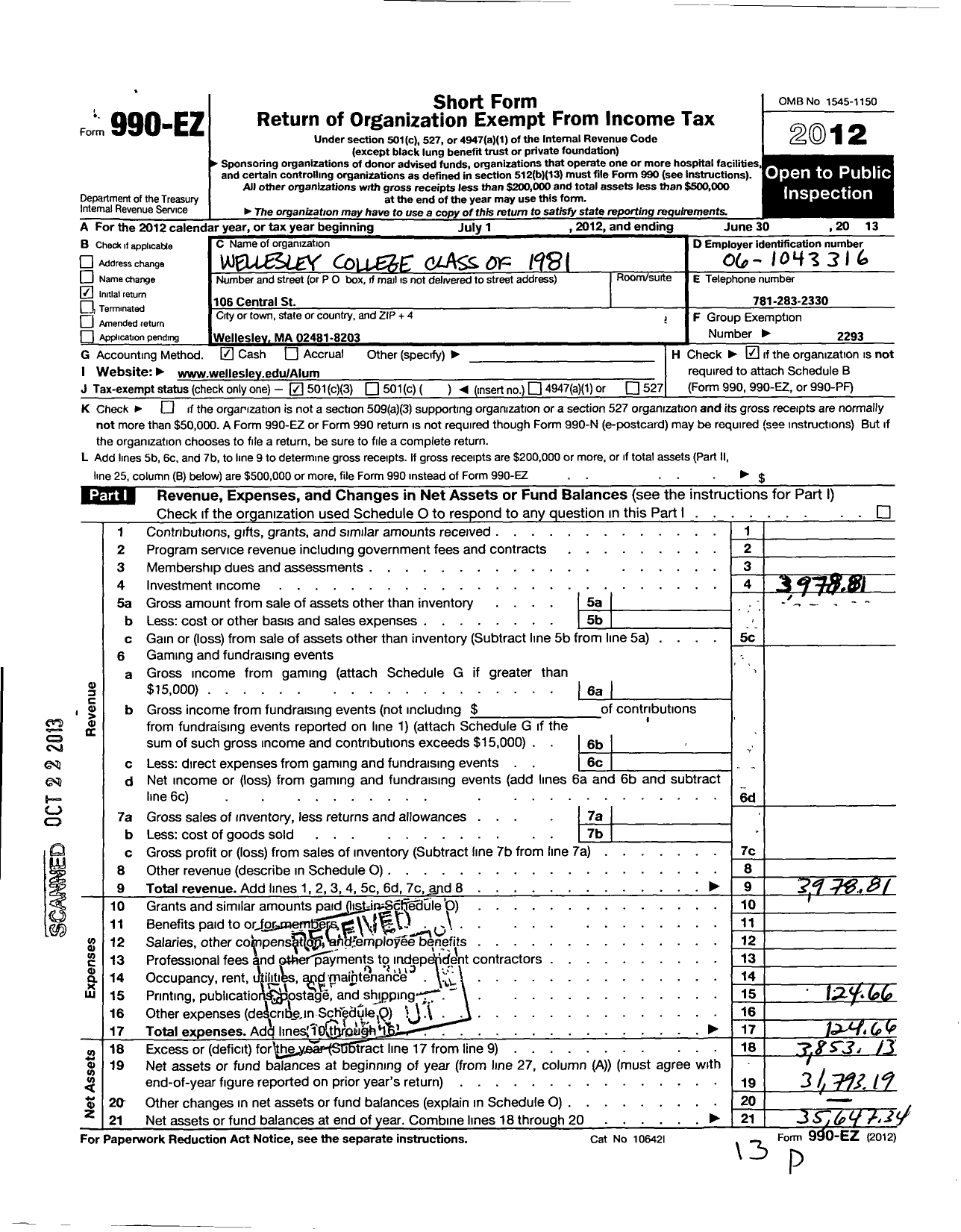 Image of first page of 2012 Form 990EZ for Wellesley College Alumnae Association - 1981 Class